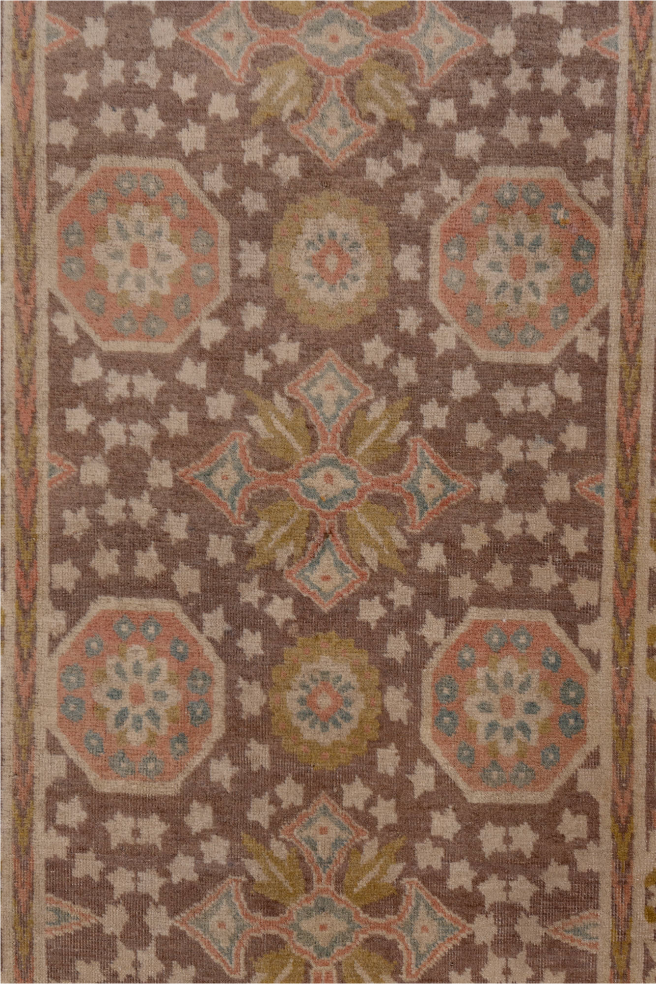 2' x 15' one-of-a-kind handmade vintage Tabriz runner rug. Color palette: brown, off-white, pink, snow, white, whitesmoke