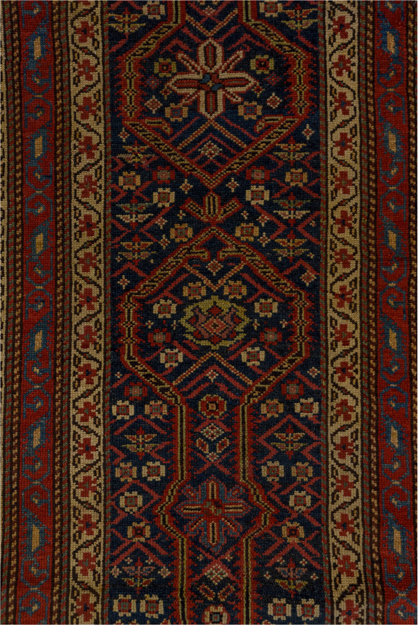 2' x 14' one-of-a-kind handmade vintage Malayer runner rug. Color palette: brown, gray, pink, red