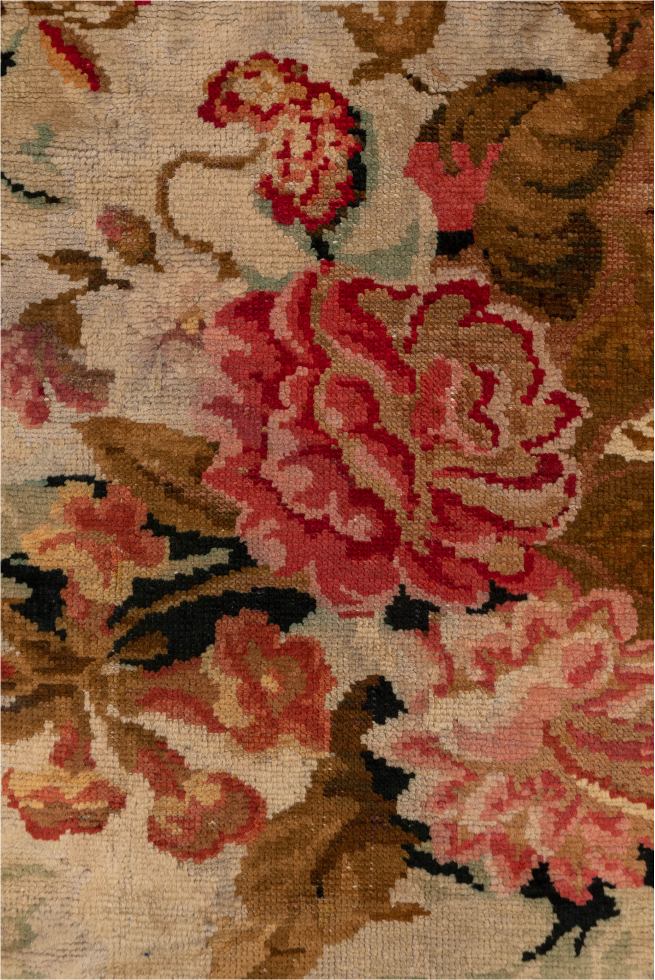 3' x 6' one-of-a-kind handmade vintage Axminister runner rug. Color palette: brown, gray, pink, red