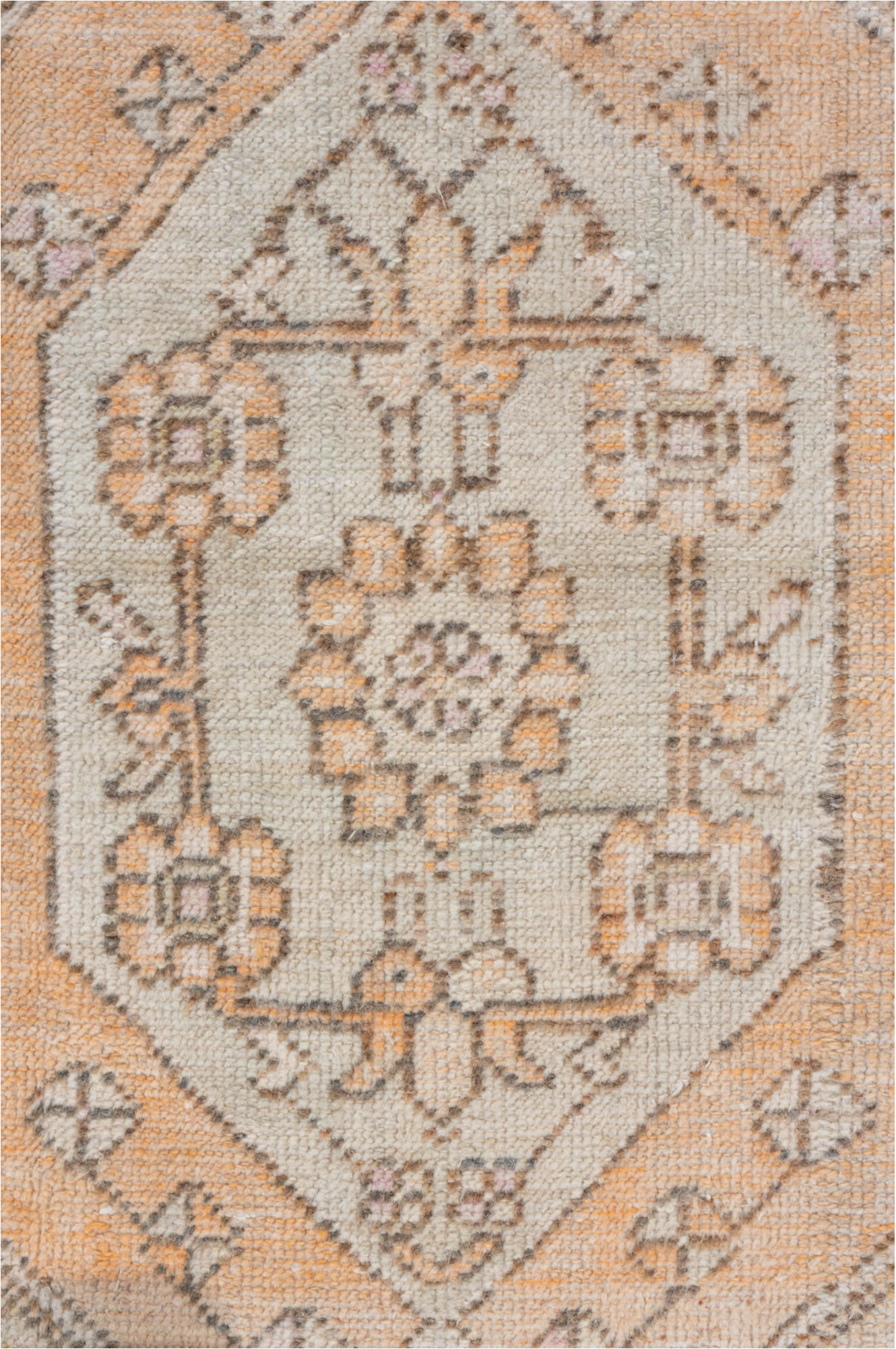 2' x 4' one-of-a-kind handmade vintage Oushak small size rug. Color palette: pink, light gray, off-white, gray, brown