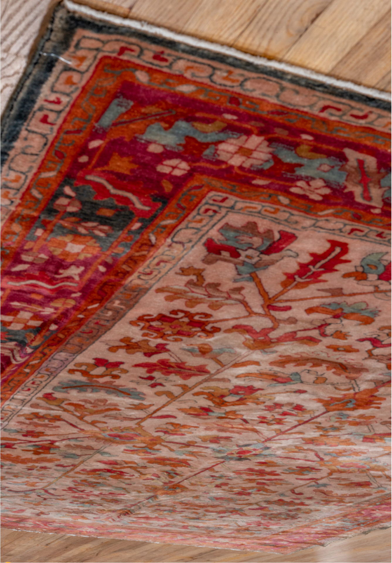 6' x 10' one-of-a-kind handmade vintage Hooked large size rug. Color palette: brown, dim gray, gray, pink, red, rosy brown