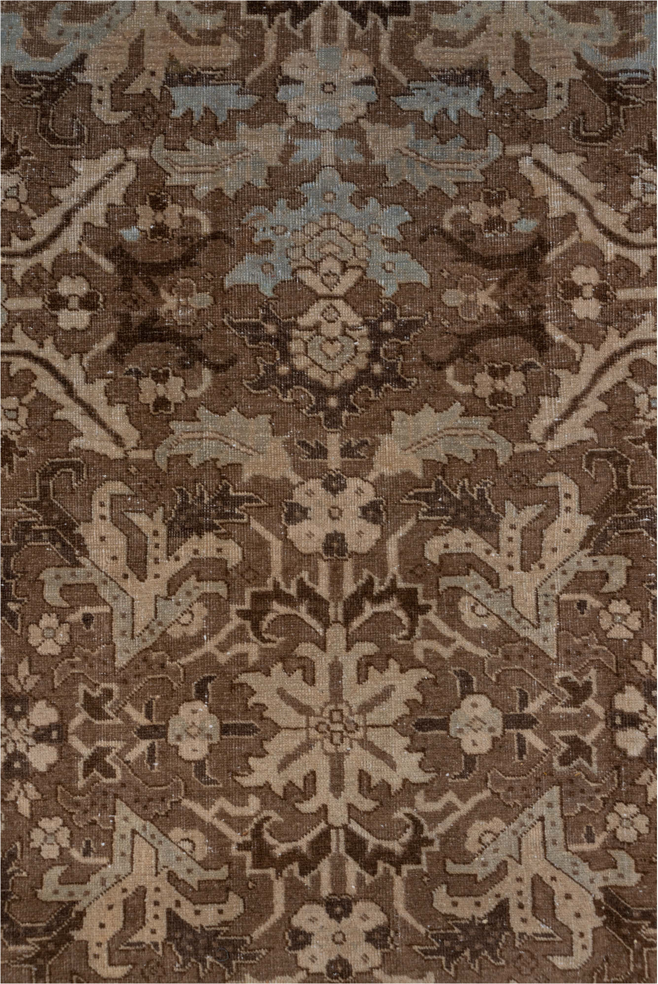 6' x 10' one-of-a-kind handmade vintage Heriz large size rug. Color palette: brown, gray, light gray, off-white, pink, snow