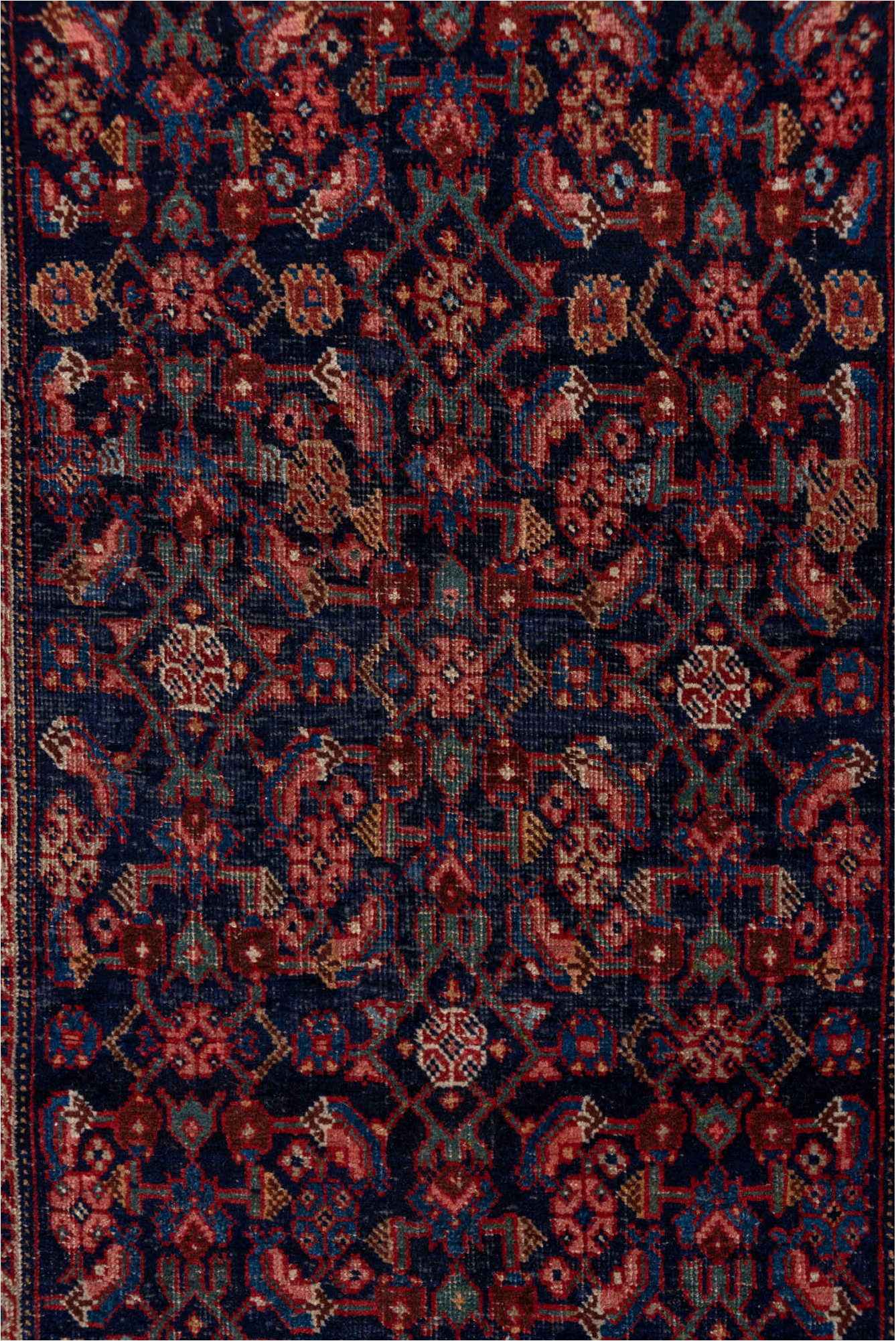 3' x 16' one-of-a-kind handmade vintage Bidjar runner rug. Color palette: blue, brown, gray, off-white, pink, red, redwood