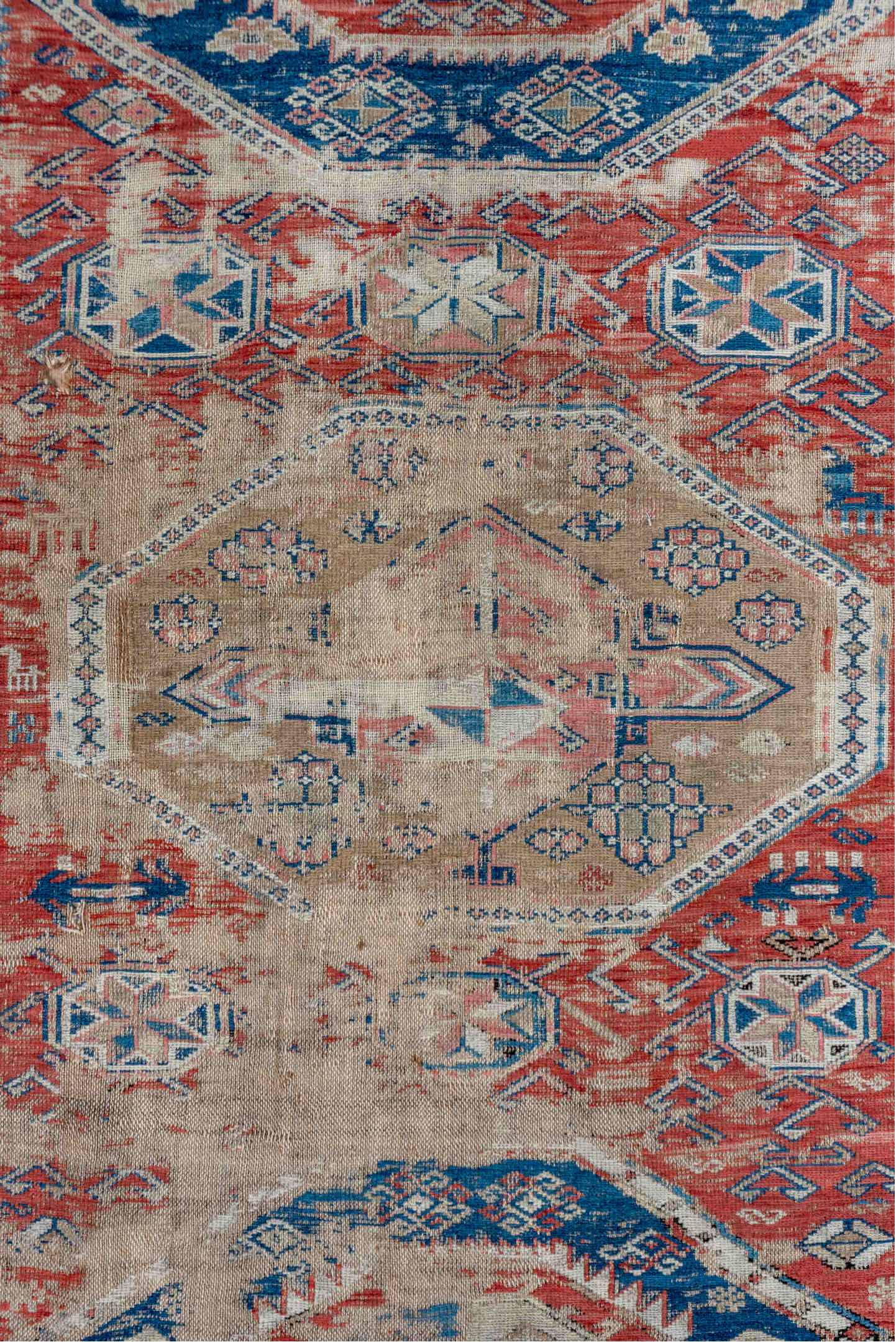 3' x 6' one-of-a-kind handmade vintage Sumak small size rug. Color palette: brown, gray, blue, pink, light gray, off-white