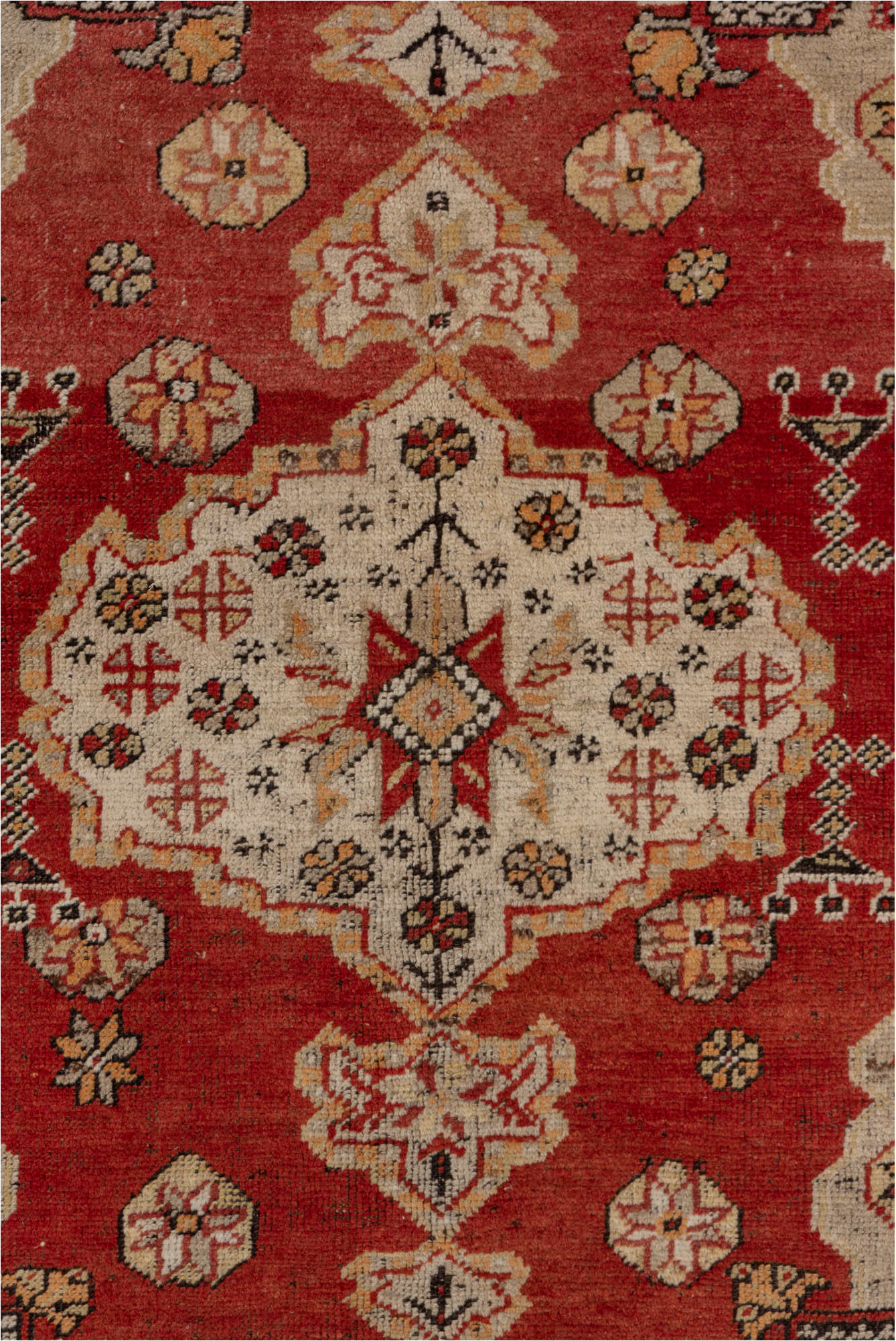 3' x 4' one-of-a-kind handmade vintage Oushak small size rug. Color palette: black, brown, maroon, off-white, orange, pink