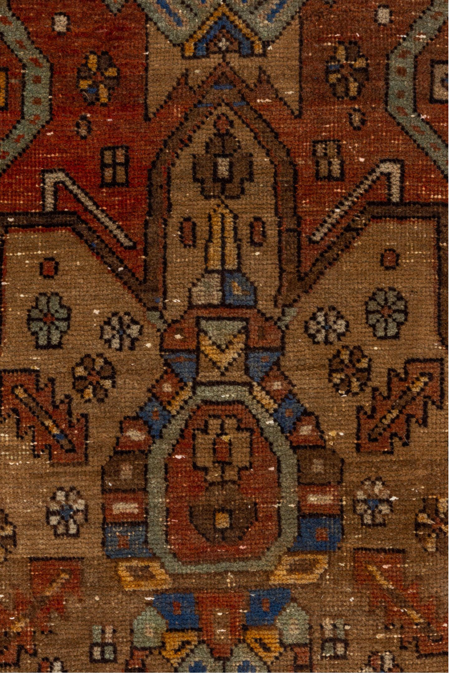 3' x 10' one-of-a-kind handmade vintage Heriz runner rug. Color palette: brown, pink, gray, blue, saddle brown