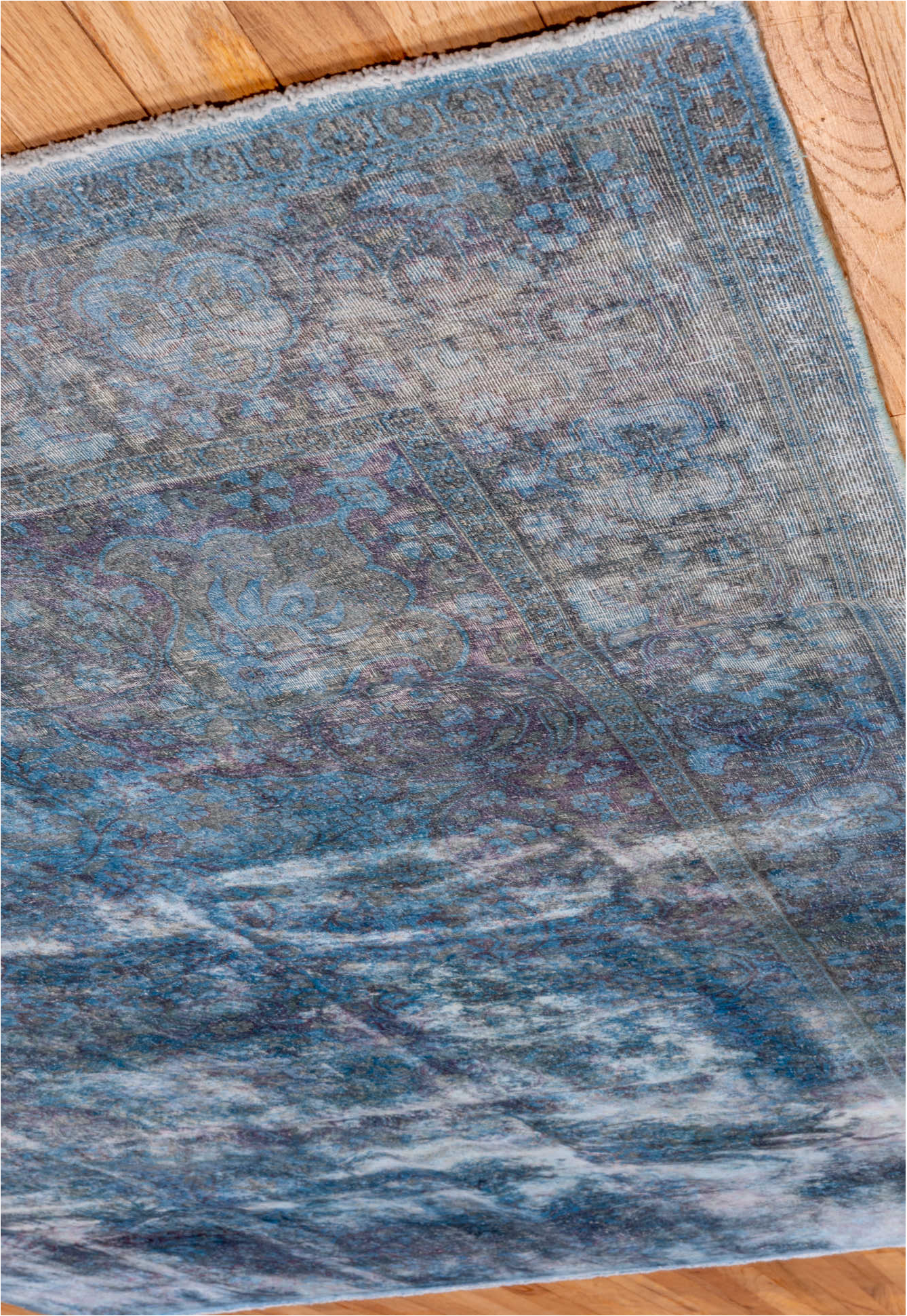 5' x 9' one-of-a-kind handmade vintage Overdyed medium size rug. Color palette: blue, gray, light blue, light steel blue