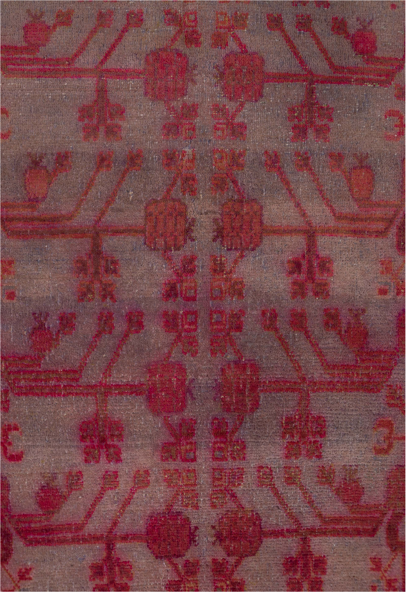 6' x 13' one-of-a-kind handmade vintage Khotan large size rug. Color palette: brown, gray, pink, red, wine