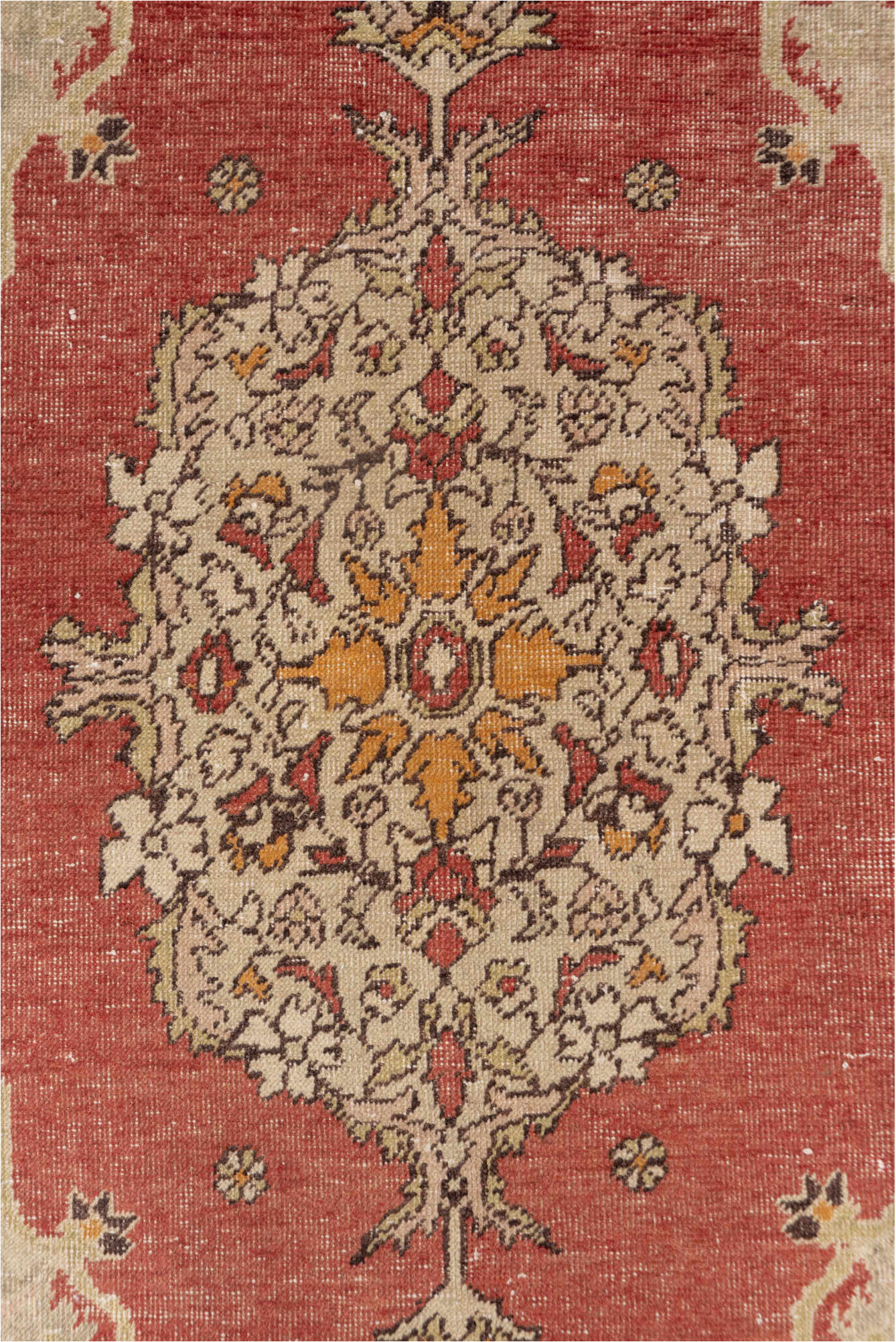 4' x 6' one-of-a-kind handmade vintage Oushak small size rug. Color palette: brown, gray, light gray, pink, red, redwood