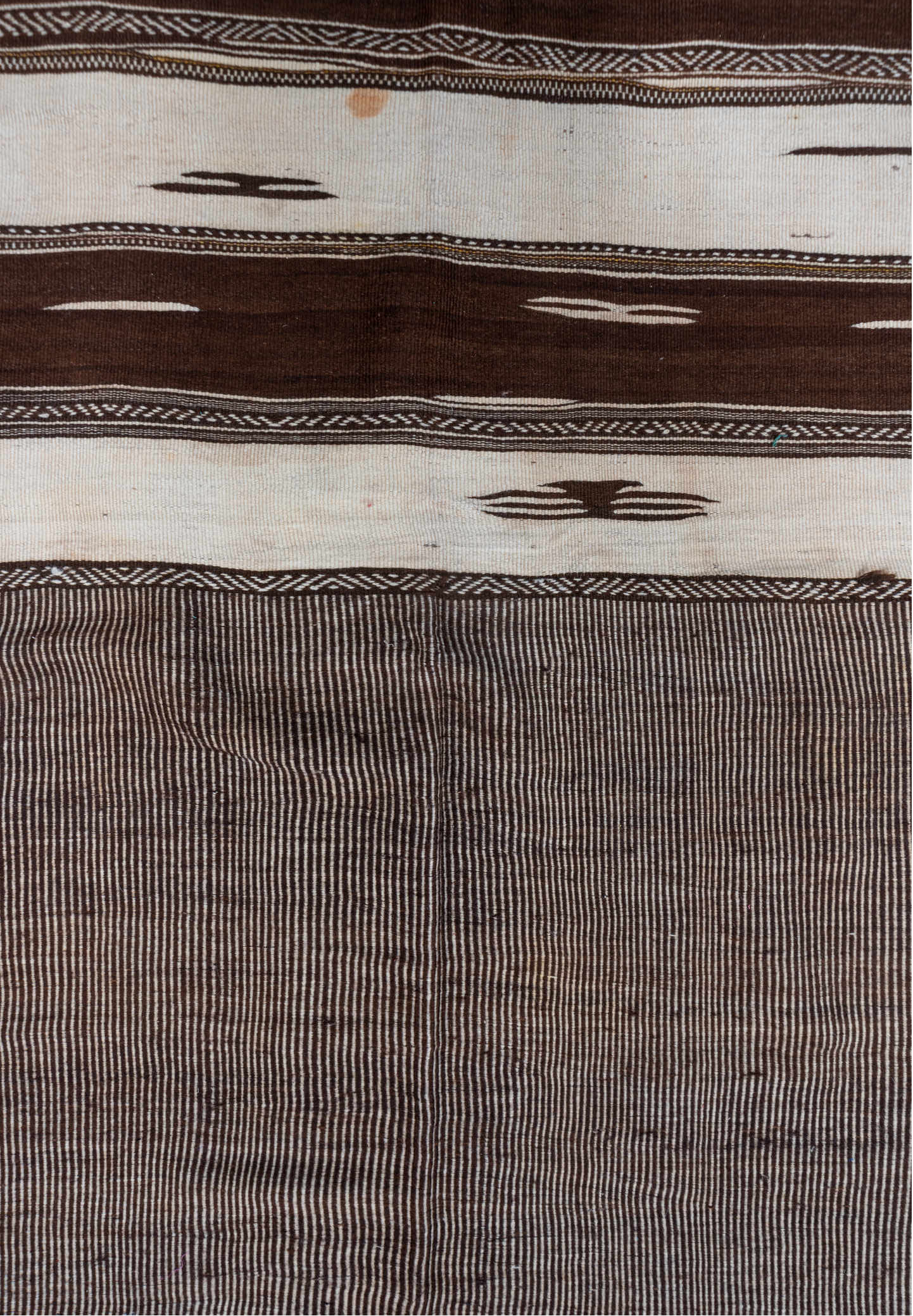 4' x 11' one-of-a-kind handmade vintage Kilim runner rug. Color palette: gray, light gray, pink, off-white, brown