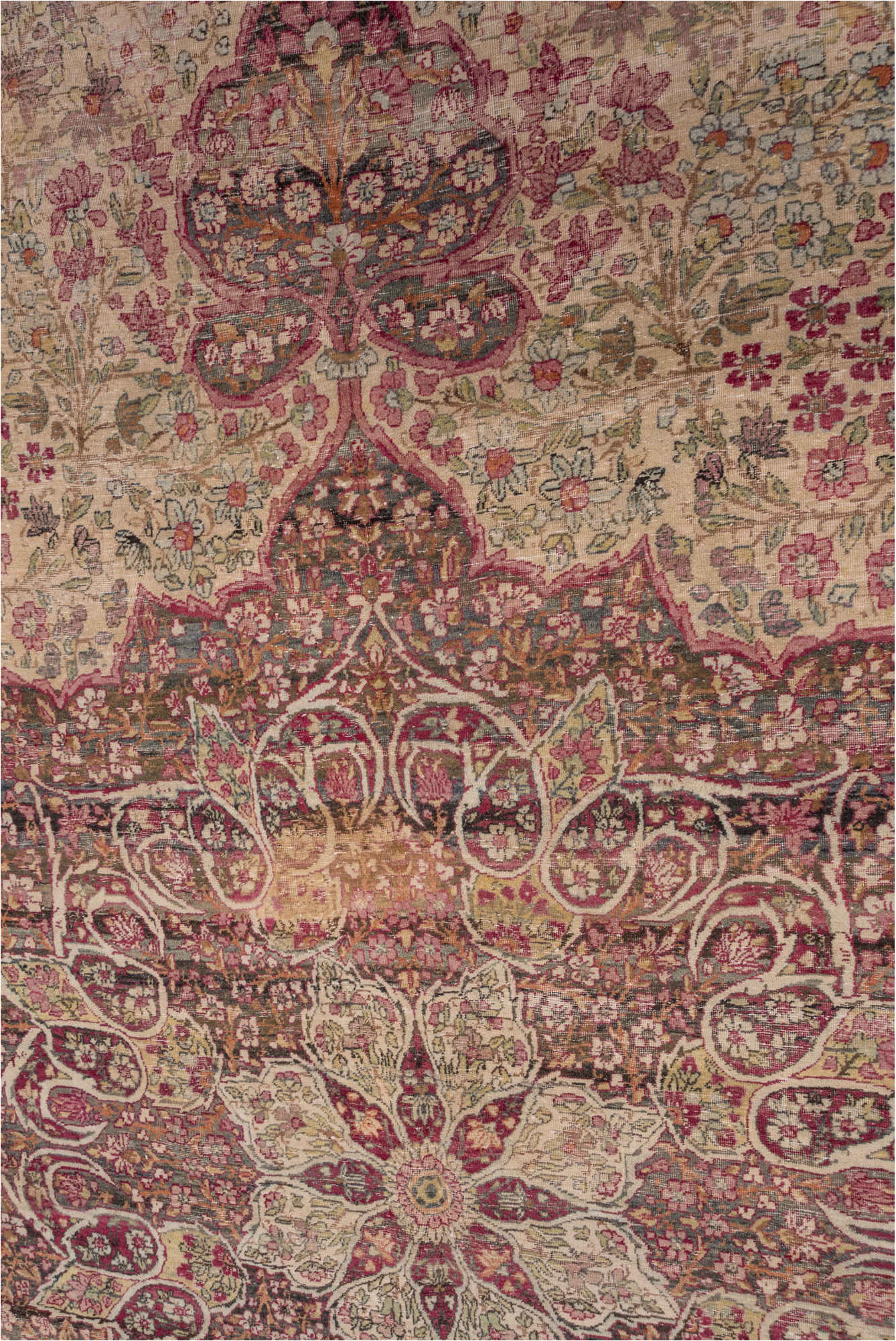 10' x 14' one-of-a-kind handmade vintage Lavar large size rug. Color palette: brown, gray, off-white, orange, pink, red