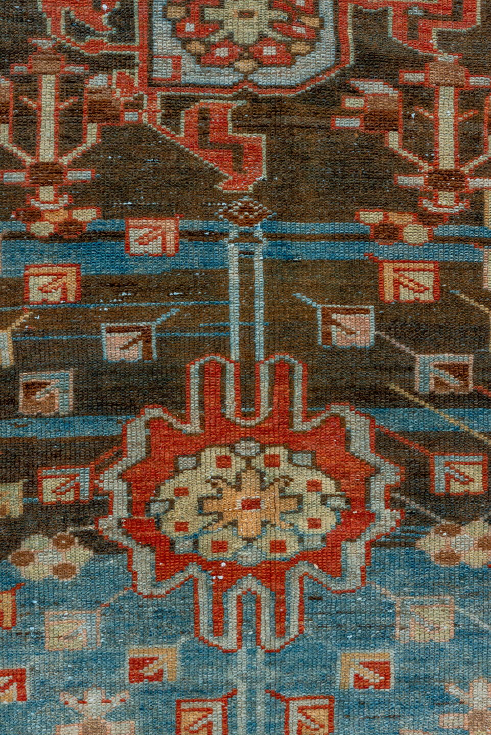 3' x 10' one-of-a-kind handmade vintage Malayer runner rug. Color palette: brown, gray, blue, black