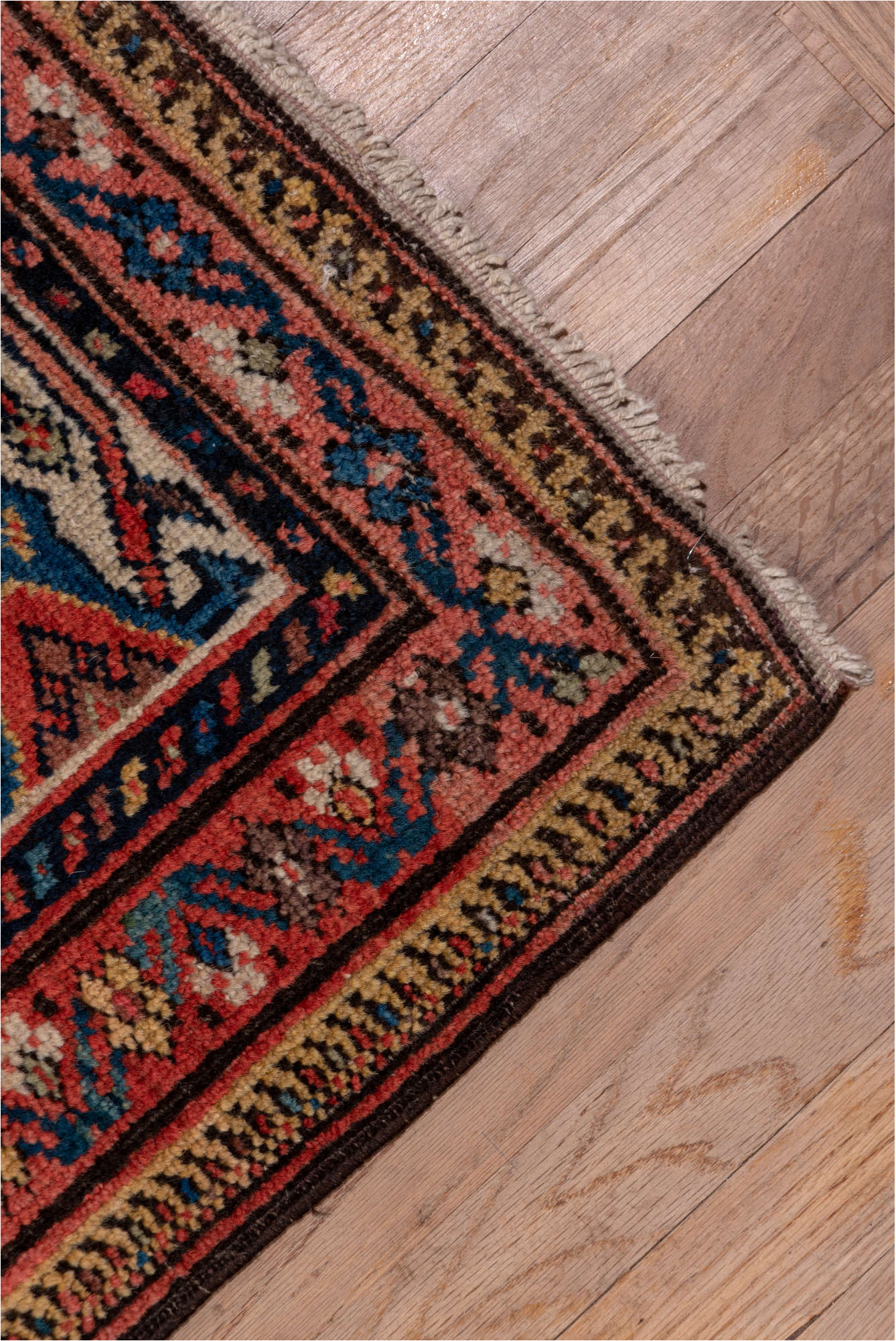 7' x 17' one-of-a-kind handmade vintage Mahal rug. Color palette: black, blue, brown, gray, light gray, pink, red