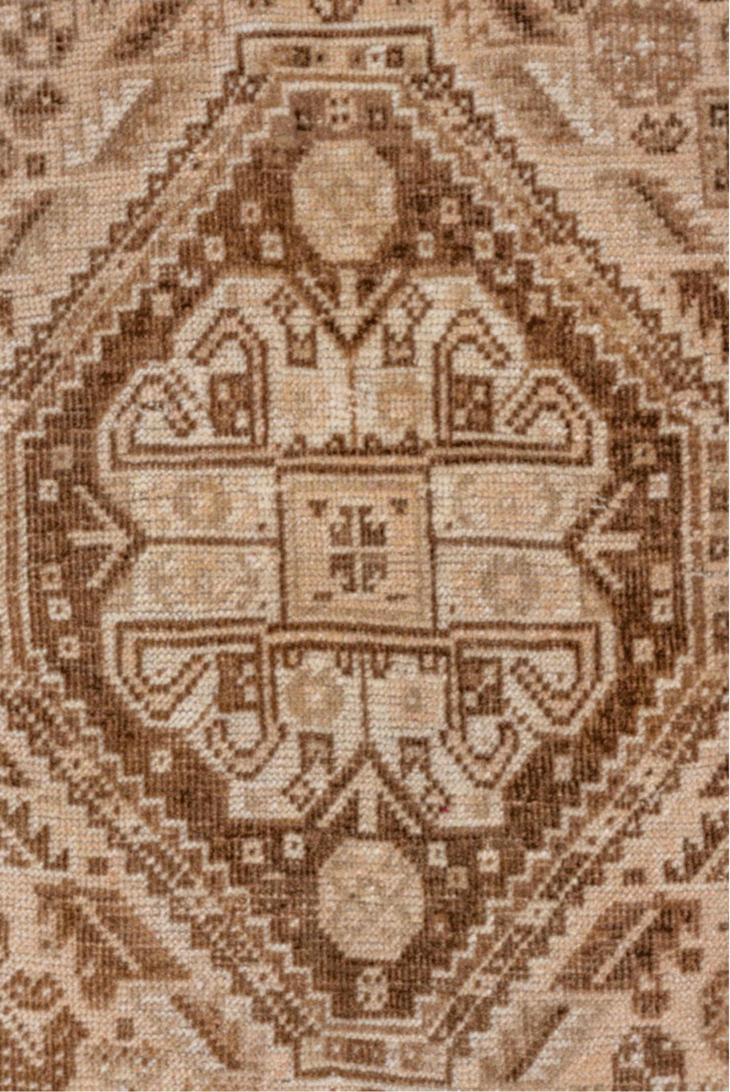 7' x 9' one-of-a-kind handmade vintage Shiraz rug. Color palette: brown, orange, off-white, gray, light gray, tan