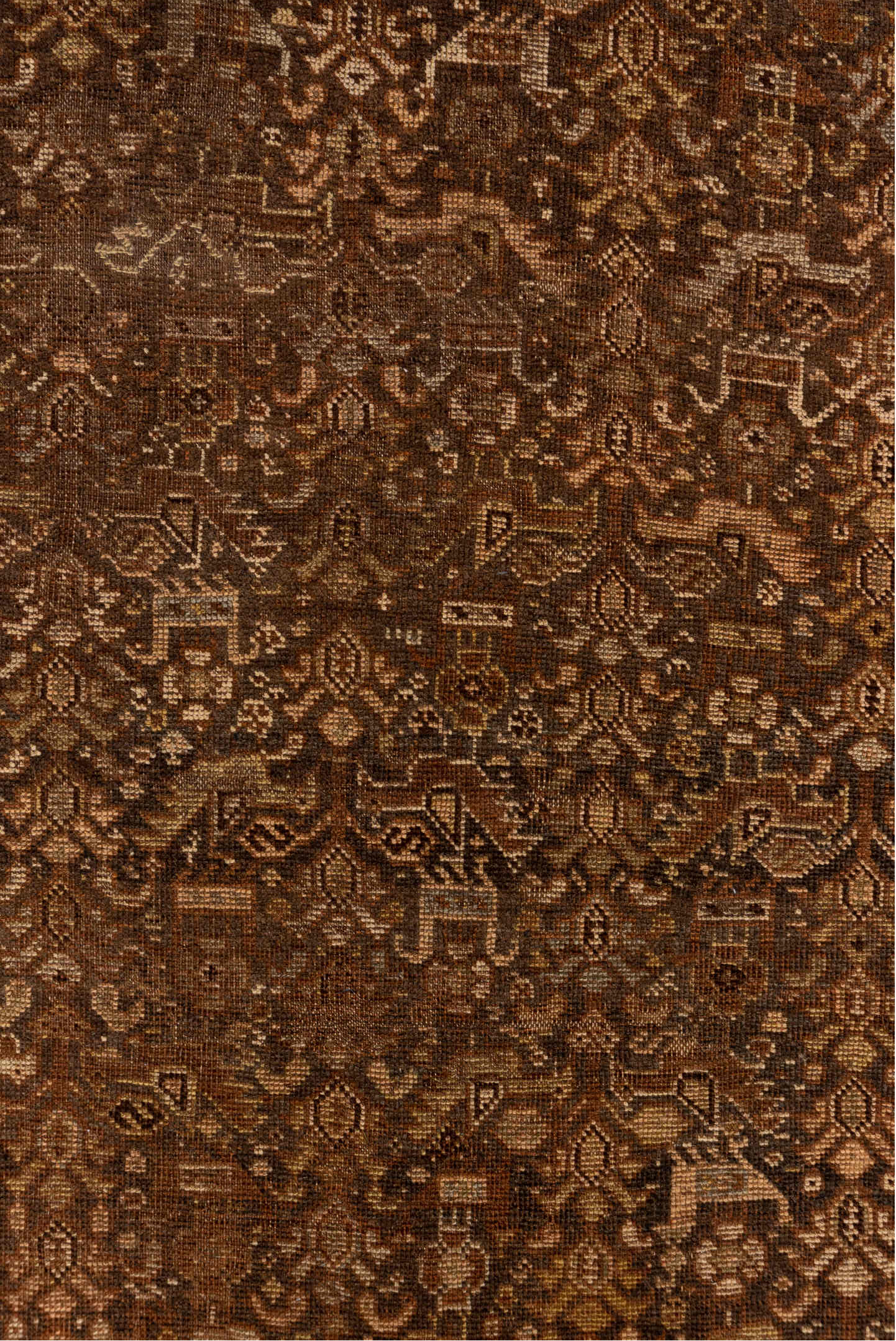 4' x 6' one-of-a-kind handmade vintage Shiraz small size rug. Color palette: brown, pink, gray, light gray, off-white, white