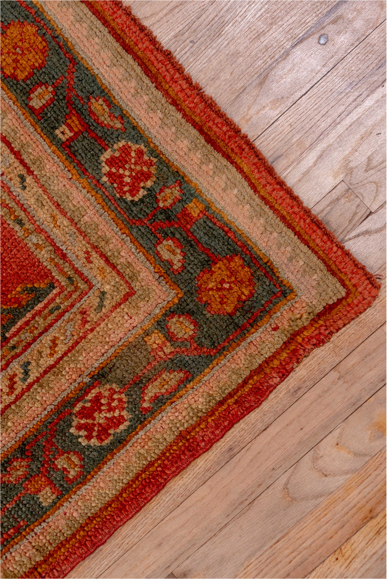 3' x 13' one-of-a-kind handmade vintage Oushak runner rug. Color palette: brown, gray, pink