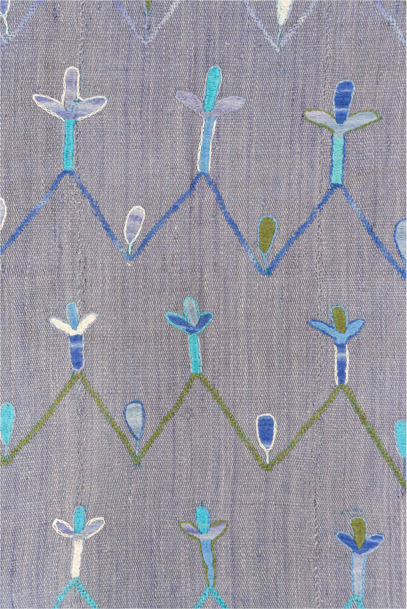 5' x 7' one-of-a-kind handmade vintage Kilim rug. Color palette: blue, dark gray, gainsboro, gray, light blue, light gray