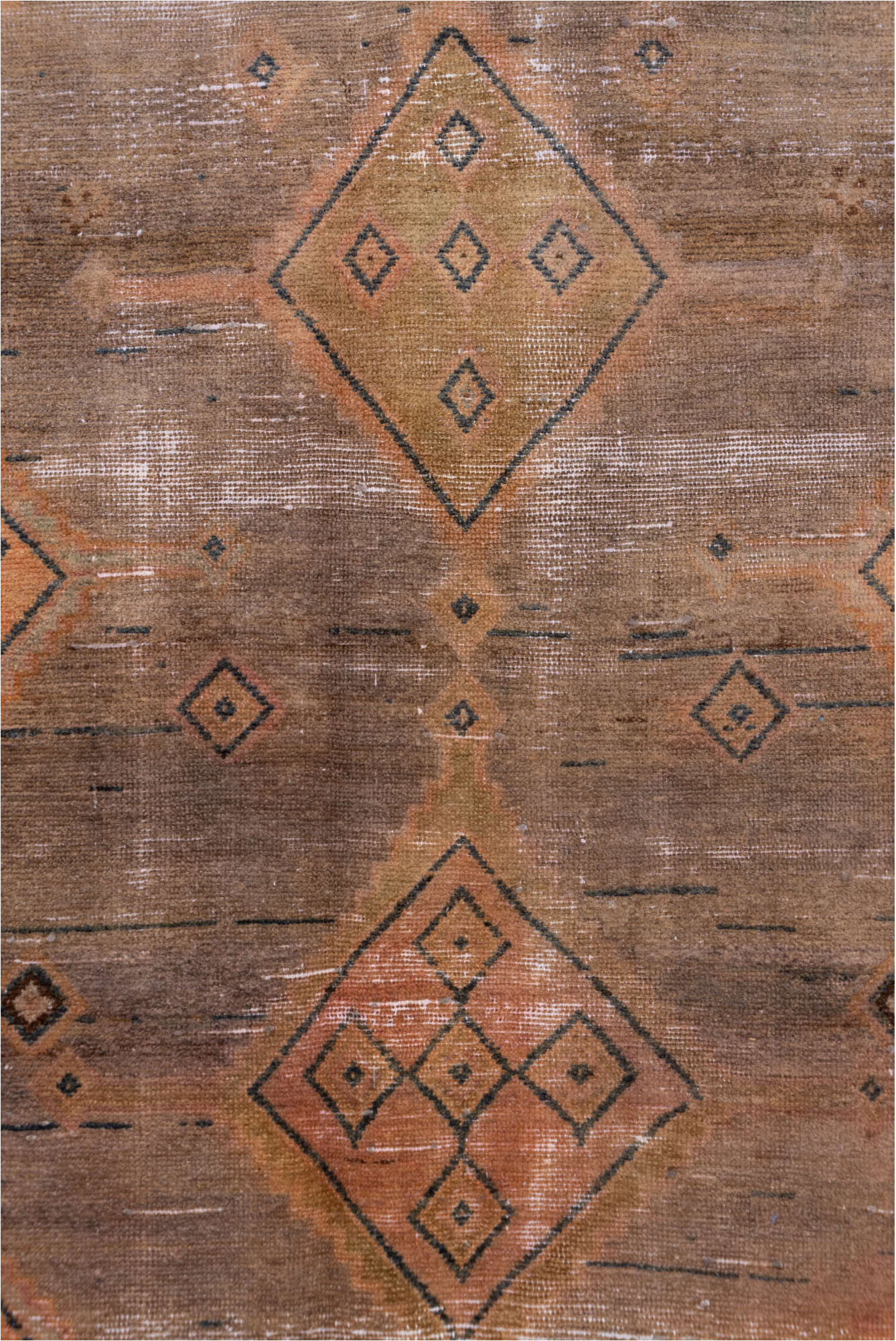 4' x 9' one-of-a-kind handmade vintage Distressed runner rug. Color palette: black, brown, charcoal, gray, light gray