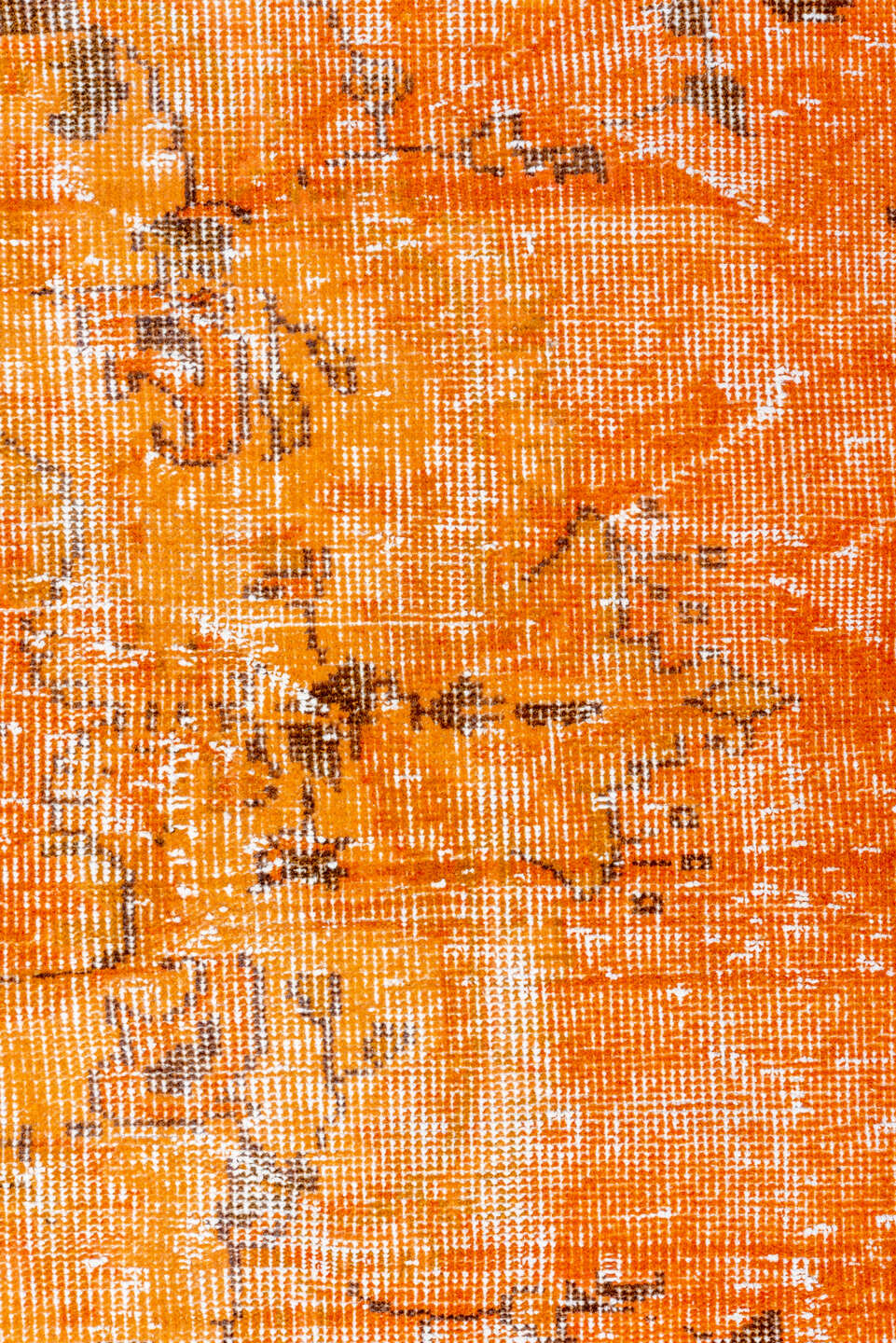 2' x 9' one-of-a-kind handmade vintage Overdyed runner rug. Color palette: yellow, orange, brown, off-white, pink, chocolate