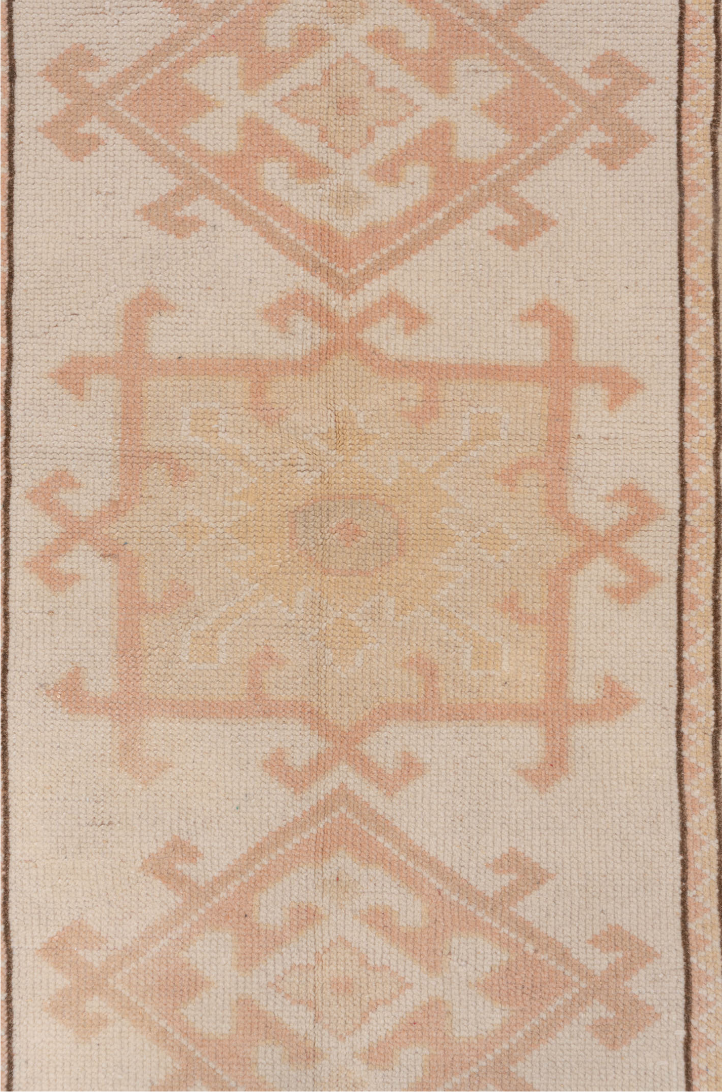 2' x 4' one-of-a-kind handmade vintage Oushak small size rug. Color palette: off-white, brown, orange, pink, light gray