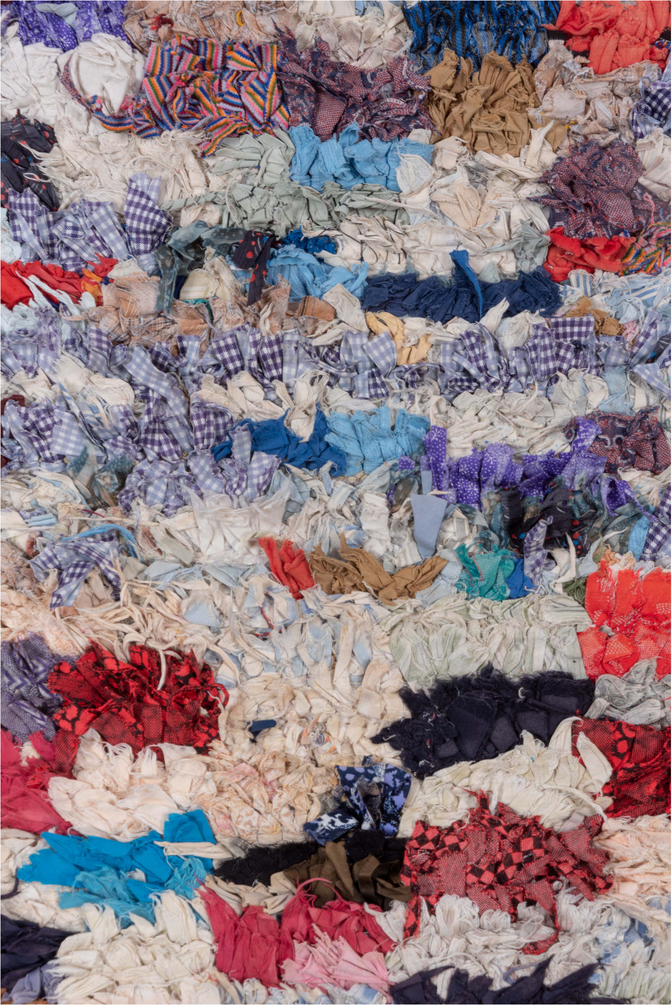 2' x 5' one-of-a-kind handmade vintage Rag Rug small size rug. Color palette: blue, brown, dark salmon, dim gray, gainsboro