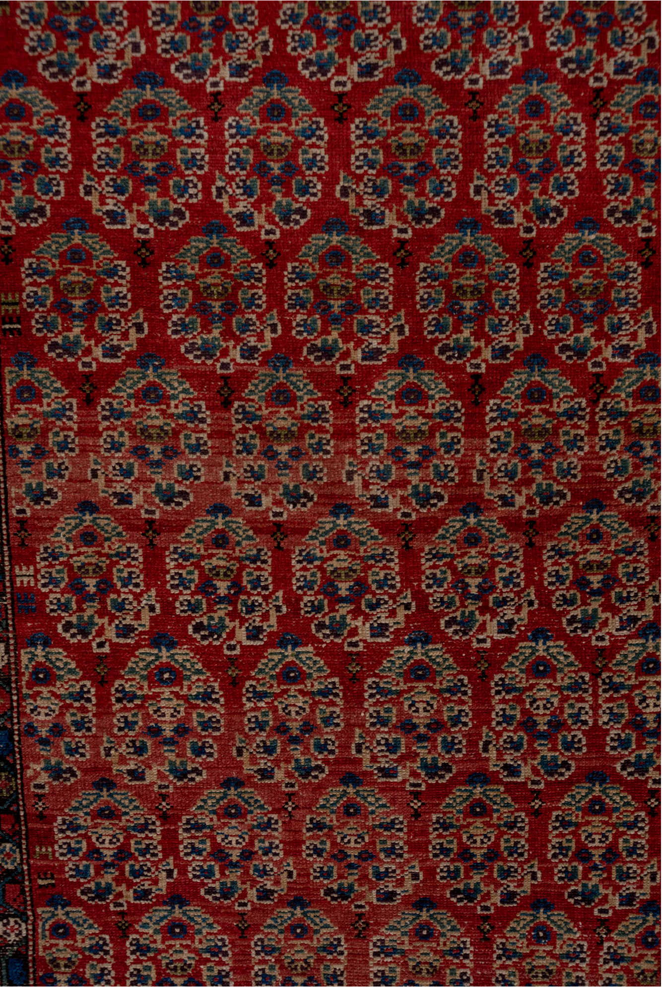 3' x 15' one-of-a-kind handmade vintage Malayer runner rug. Color palette: brown, gray, pink, red