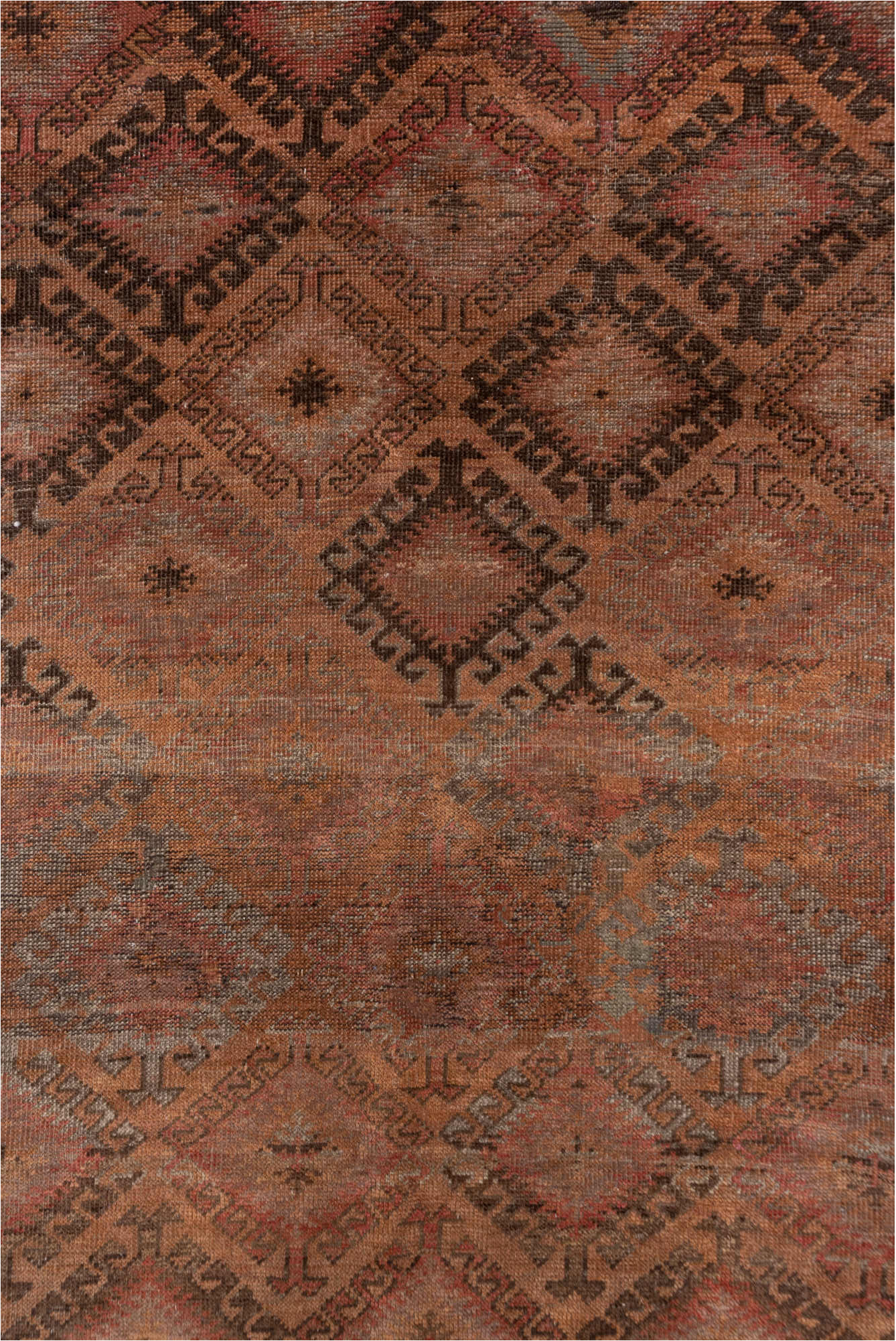 6' x 12' one-of-a-kind handmade vintage Belouch large size rug. Color palette: brown, gray, pink