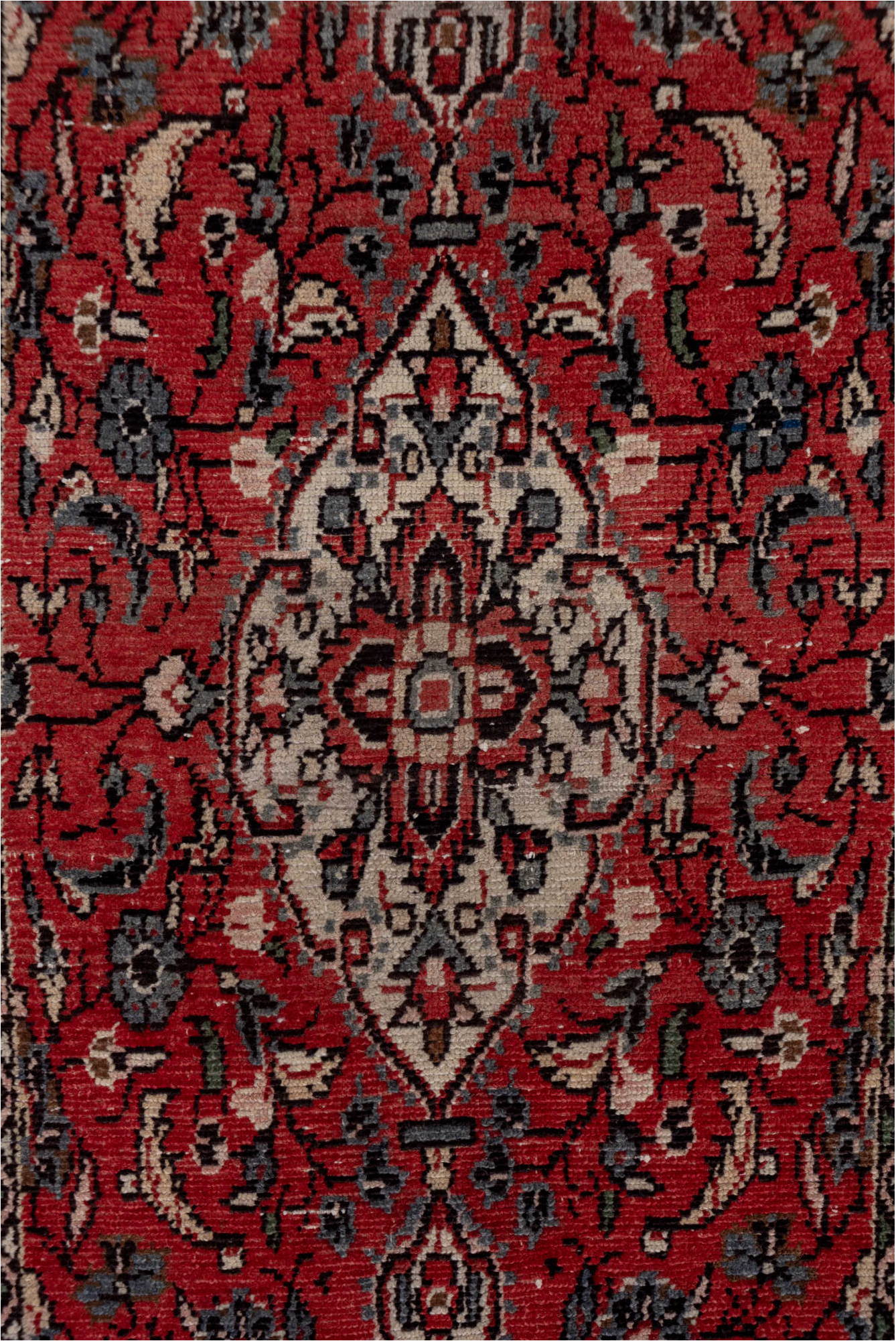 2' x 40' one-of-a-kind handmade vintage Dargazin runner rug. Color palette: brown, gray, off-white, pink, red, snow, white