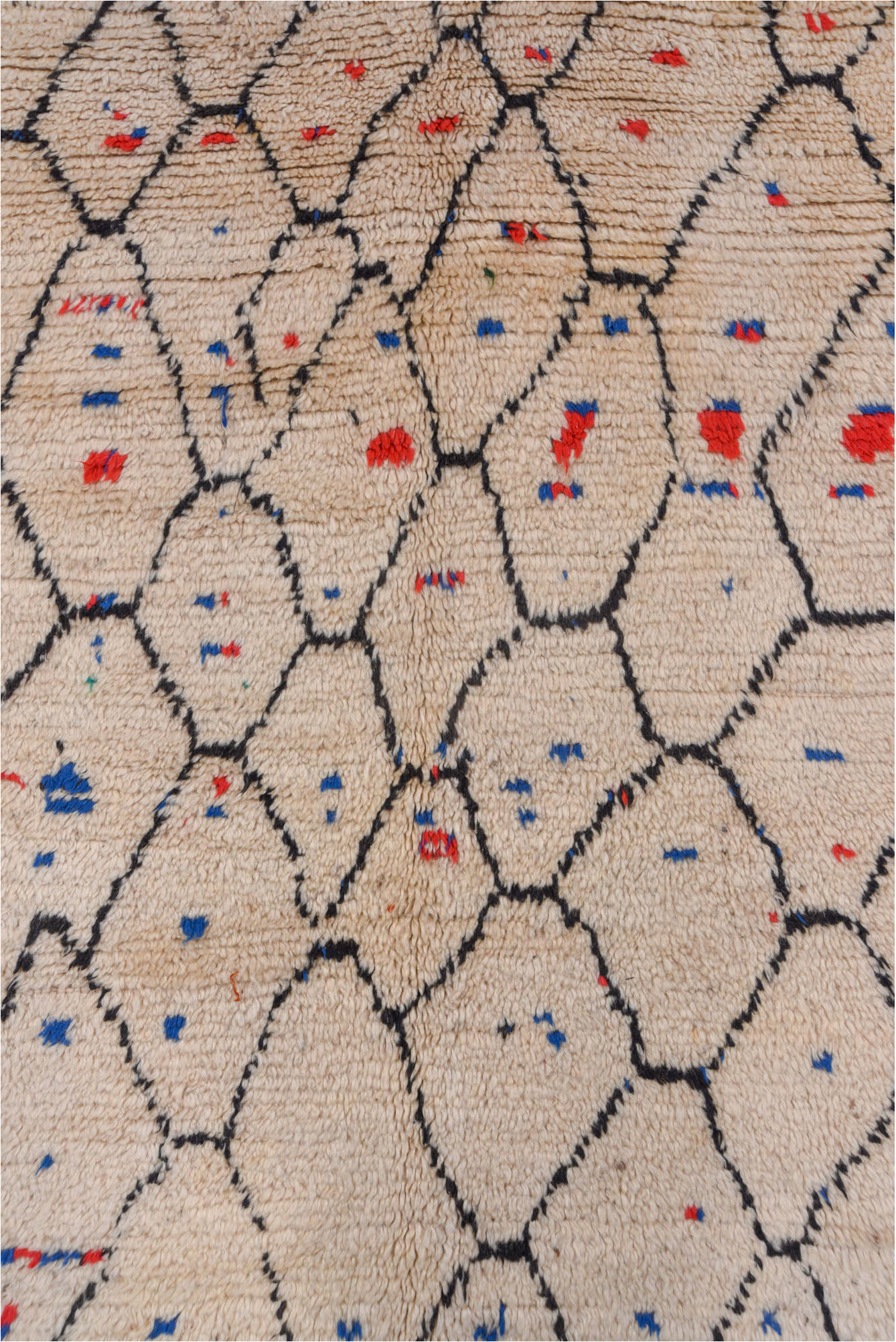 4' x 9' one-of-a-kind handmade vintage Moroccan runner rug. Color palette: black, blue, brown, charcoal, gray, light gray