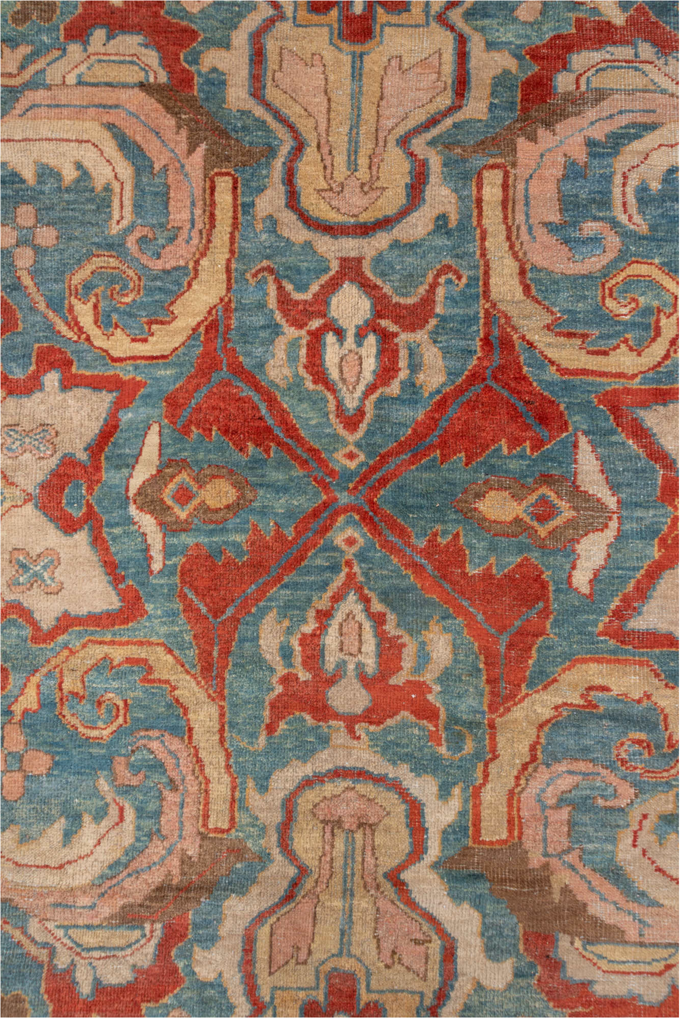 12' x 15' one-of-a-kind handmade vintage Sultanabad oversize rug. Color palette: brown, gray, off-white, orange, pink, red