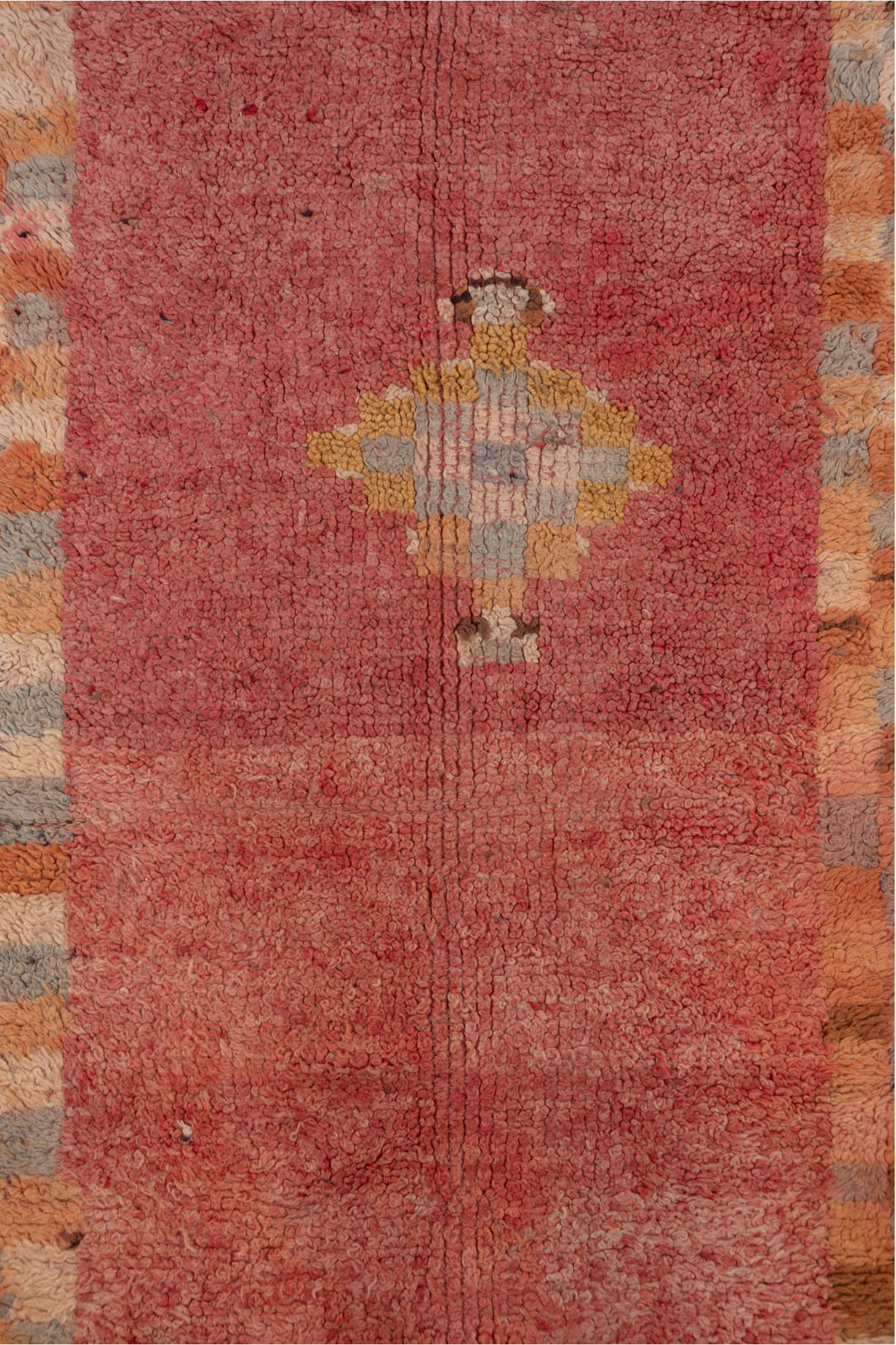 3' x 9' one-of-a-kind handmade vintage Moroccan runner rug. Color palette: brown, orange, pink, red