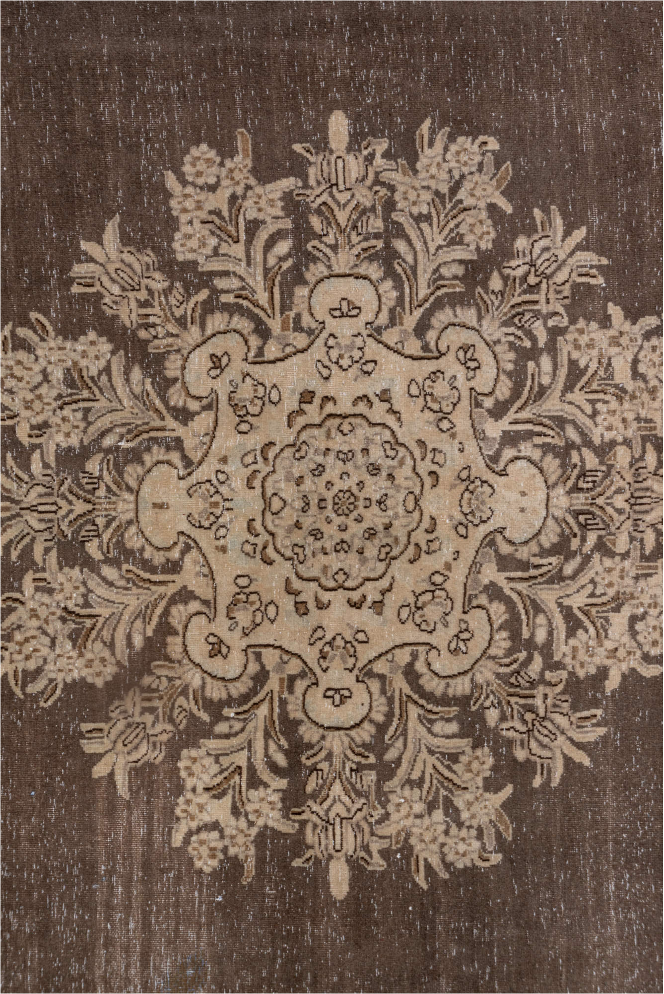 9' x 9' one-of-a-kind handmade vintage Tabriz rug. Color palette: brown, gray, light gray, off-white, pink