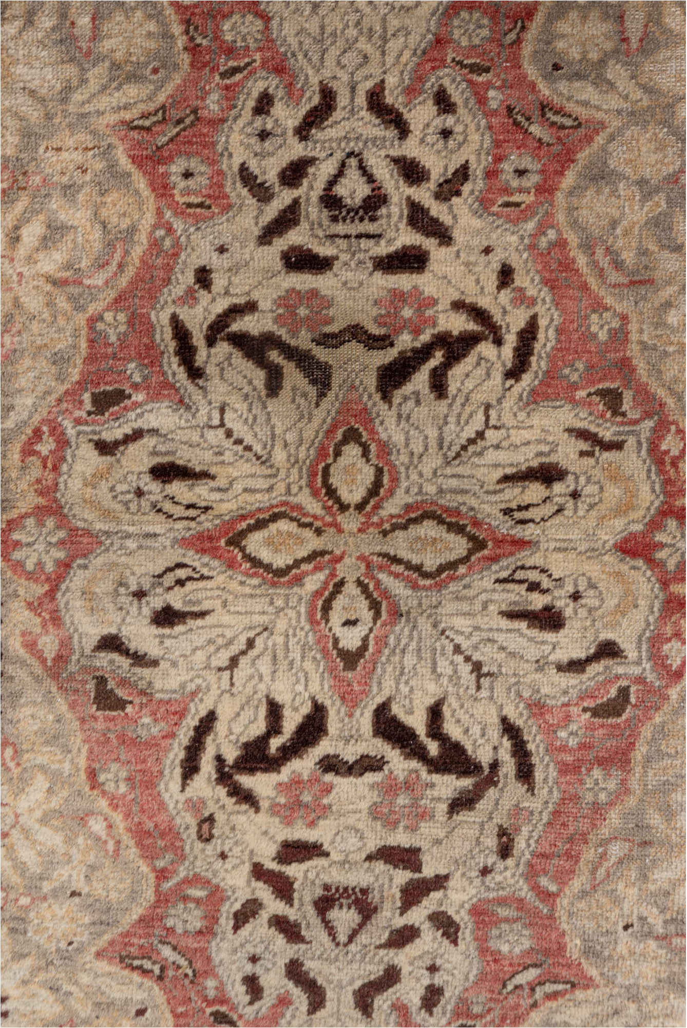 4' x 5' one-of-a-kind handmade vintage Oushak small size rug. Color palette: brown, gray, light gray, pink, red, redwood