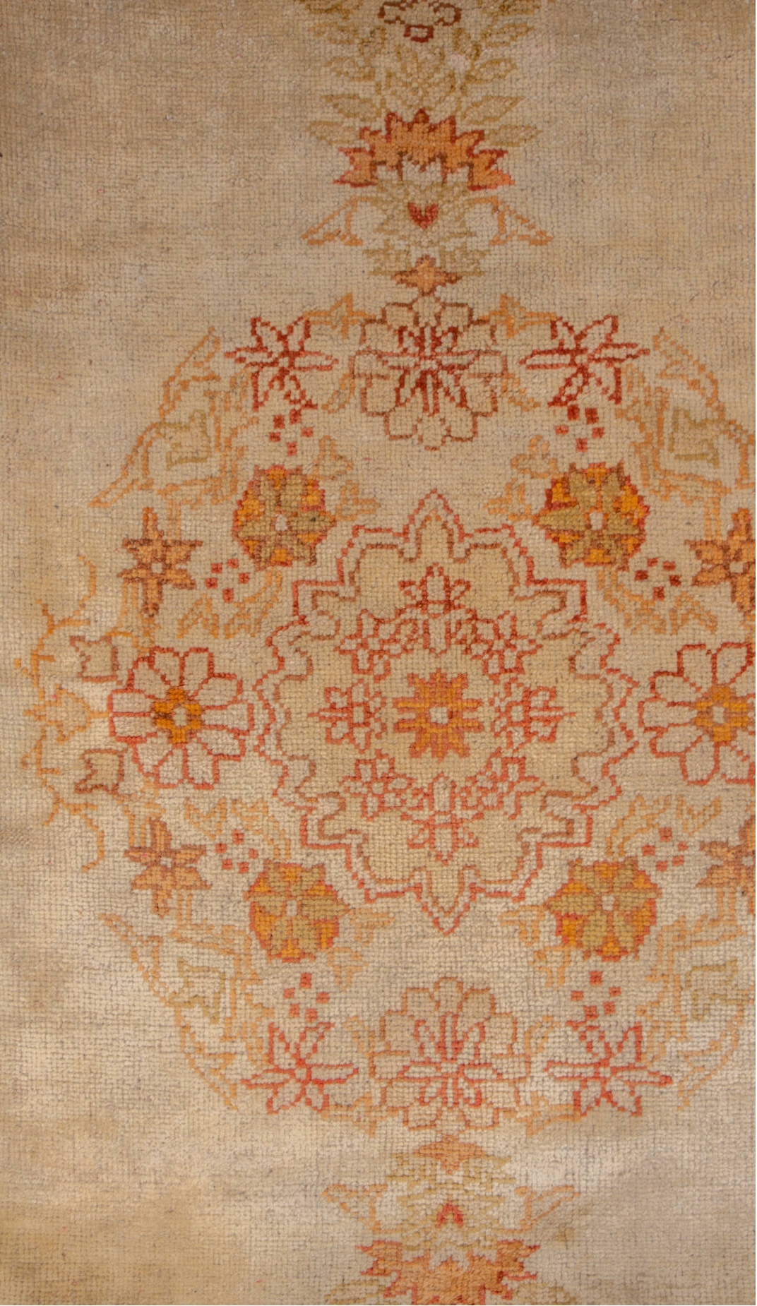 8' x 10' one-of-a-kind handmade vintage Oushak large size rug. Color palette: bisque, brown, burlywood, off-white, orange