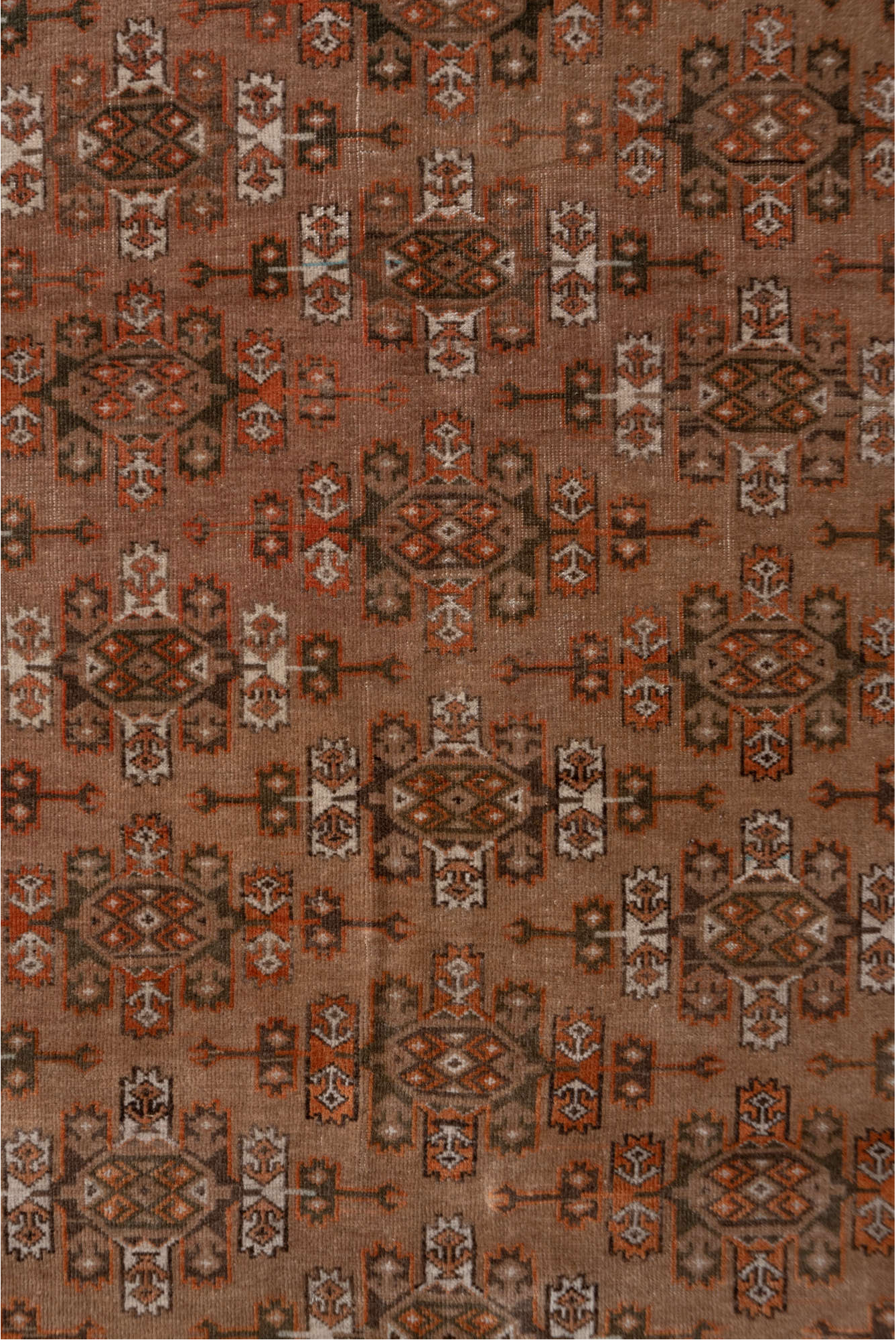 4' x 6' one-of-a-kind handmade vintage Torkaman small size rug. Color palette: brown, gray, light gray, pink