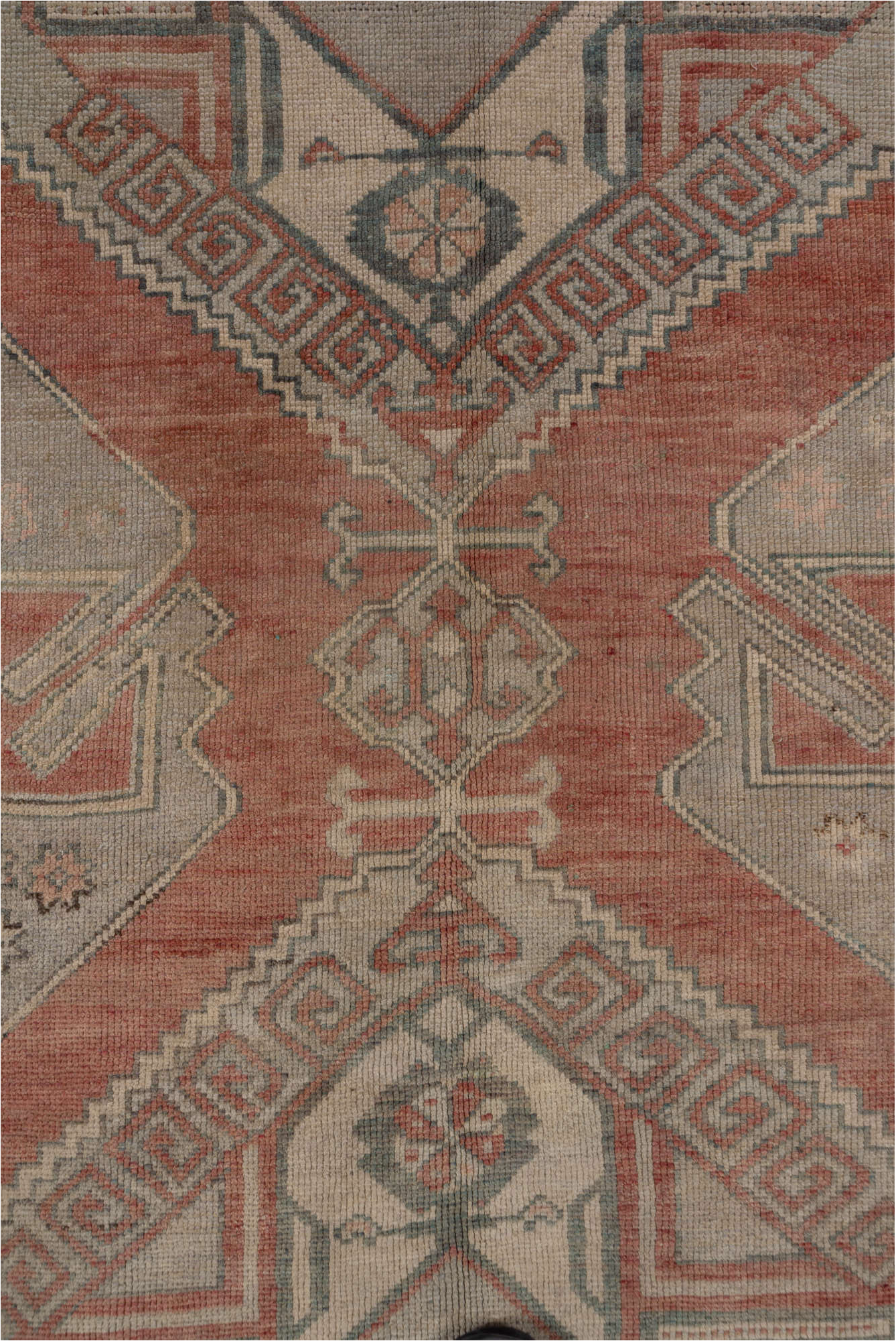 4' x 11' one-of-a-kind handmade vintage Oushak runner rug. Color palette: black, brown, gray, off-white, pink, red, snow