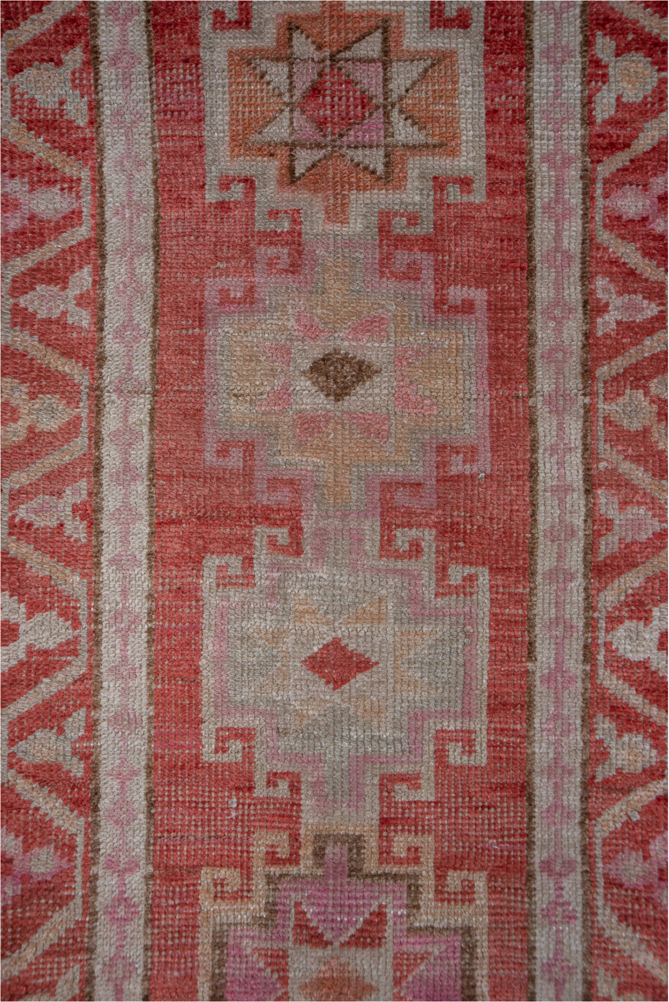 2' x 12' one-of-a-kind handmade vintage Oushak runner rug. Color palette: brown, gray, pink, red, rosy brown