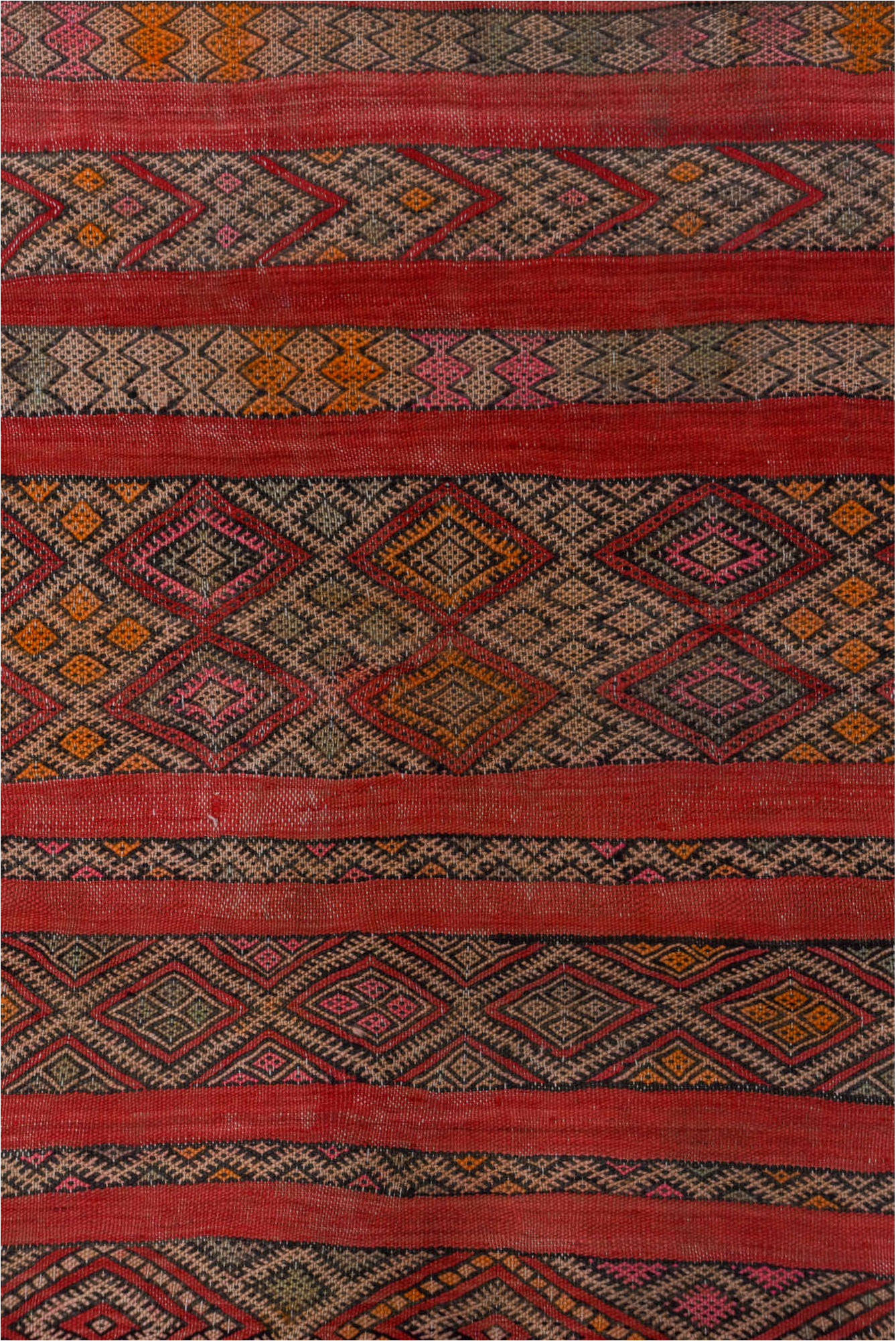 5' x 7' one-of-a-kind handmade vintage Kilim rug. Color palette: brown, gray, light gray, pink, red, redwood
