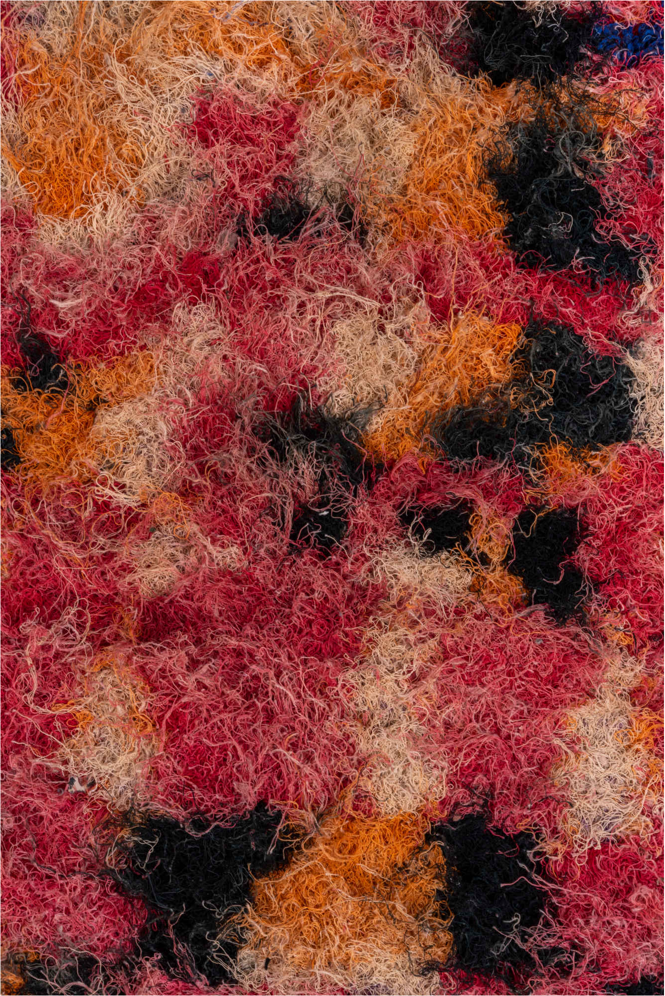 4' x 7' one-of-a-kind handmade vintage Rag Rug rug. Color palette: black, brown, burgundy, pink, red