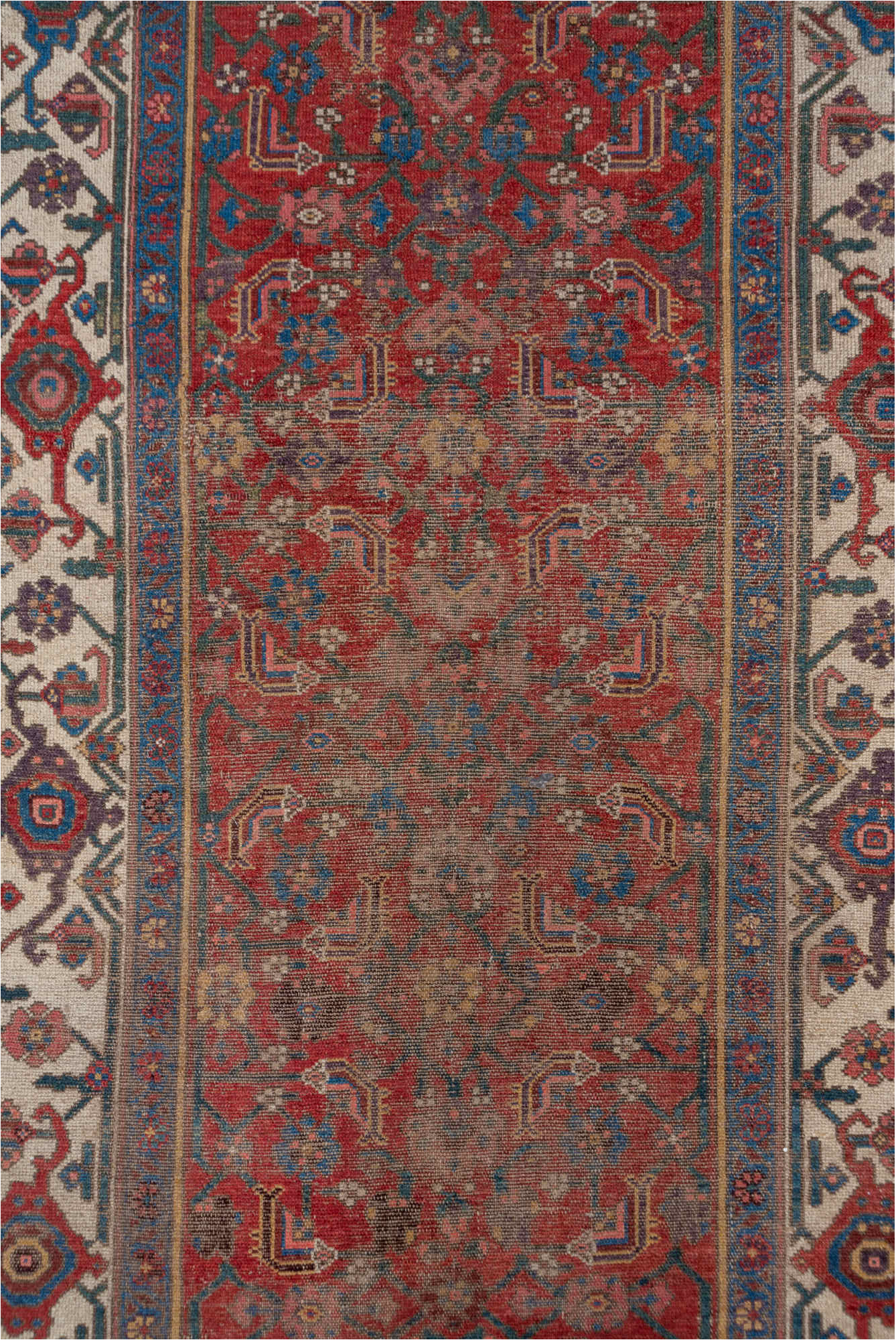 3' x 9' one-of-a-kind handmade vintage Malayer runner rug. Color palette: brown, gray, pink, red, redwood