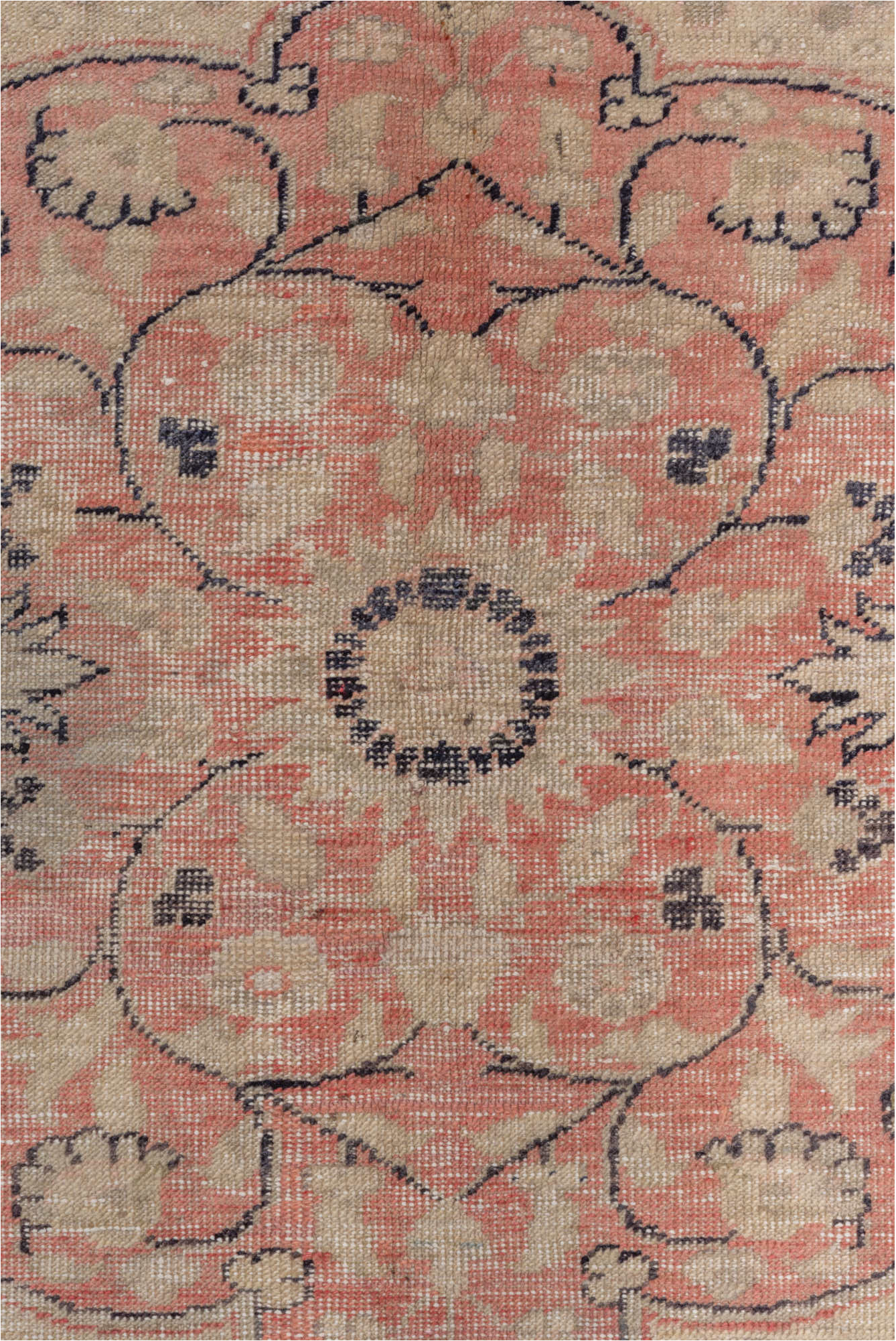 6' x 9' one-of-a-kind handmade vintage Oushak medium size rug. Color palette: brown, gray, light gray, off-white, pink, red