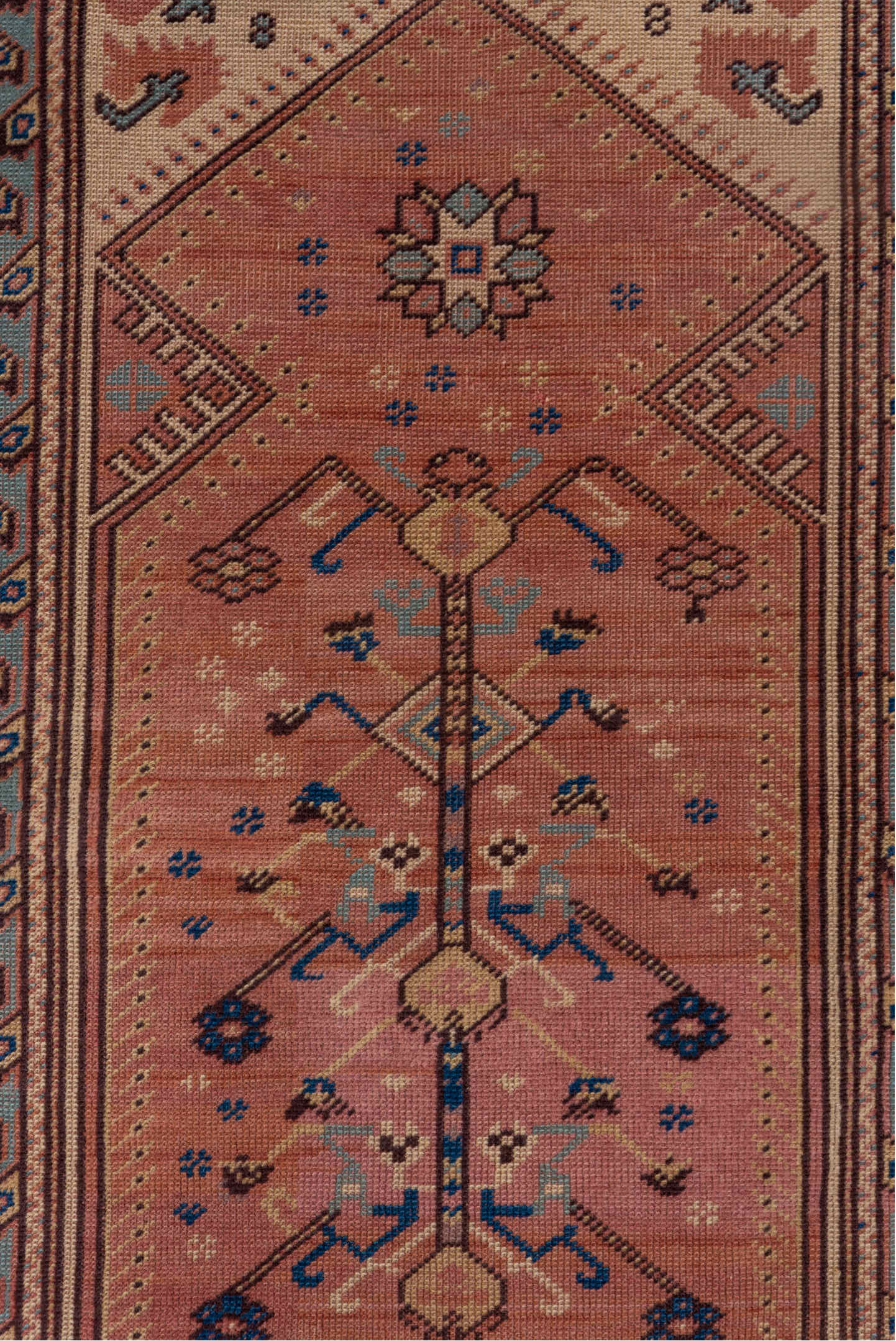 3' x 4' one-of-a-kind handmade vintage Anatol small size rug. Color palette: pink, brown, gray, blue, light gray, off-white