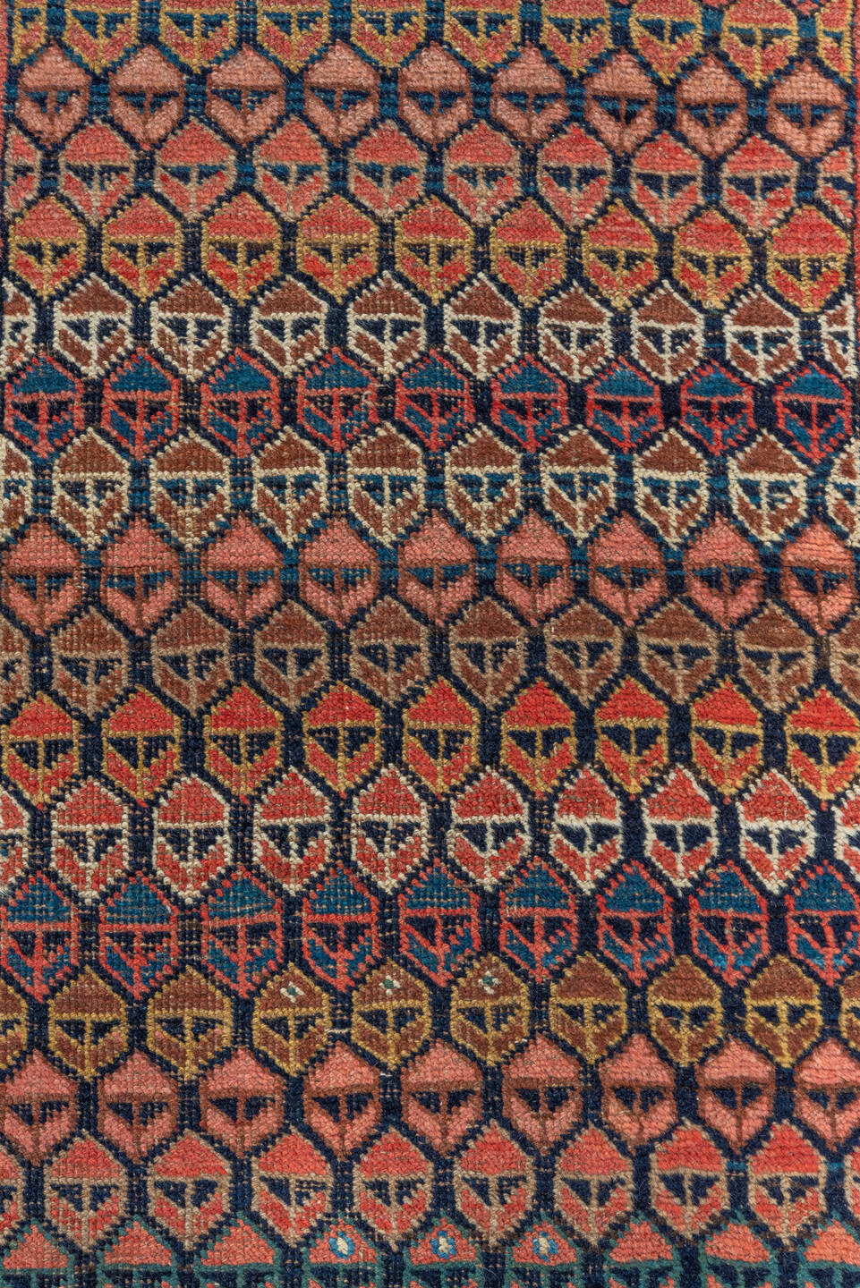 3' x 14' one-of-a-kind handmade vintage Bidjar runner rug. Color palette: brown, gray, pink, blue, red, redwood