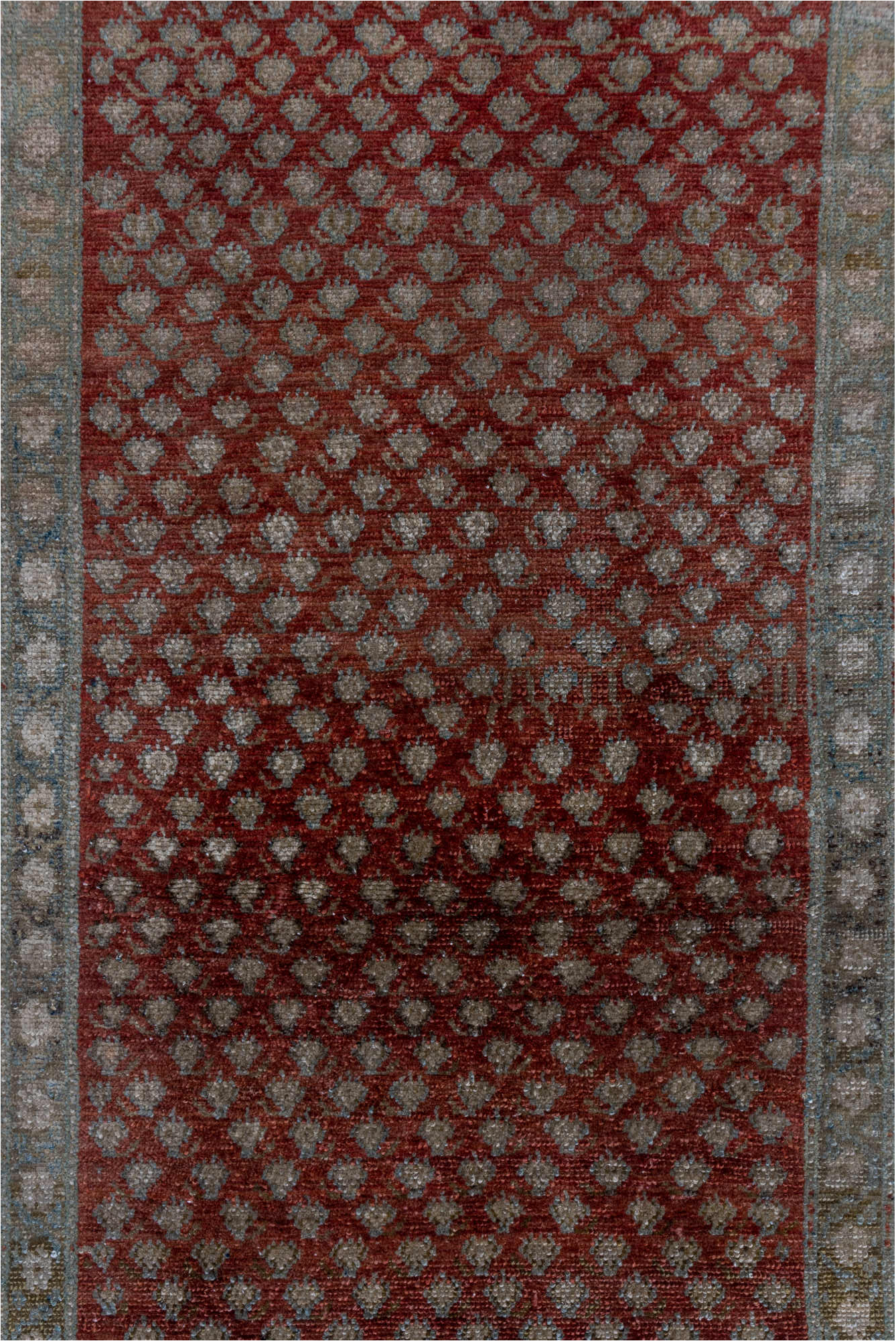 3' x 10' one-of-a-kind handmade vintage Saraband runner rug. Color palette: brown, gray, off-white, red, redwood, snow