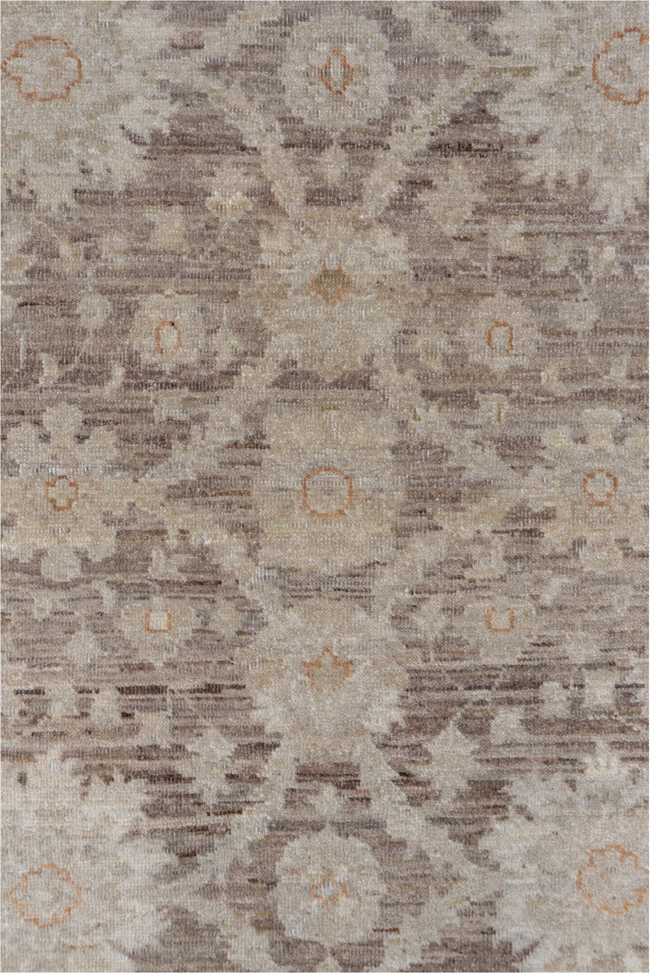 4' x 5' one-of-a-kind handmade vintage Sivas small size rug. Color palette: brown, gray, light gray, off-white, orange, pink