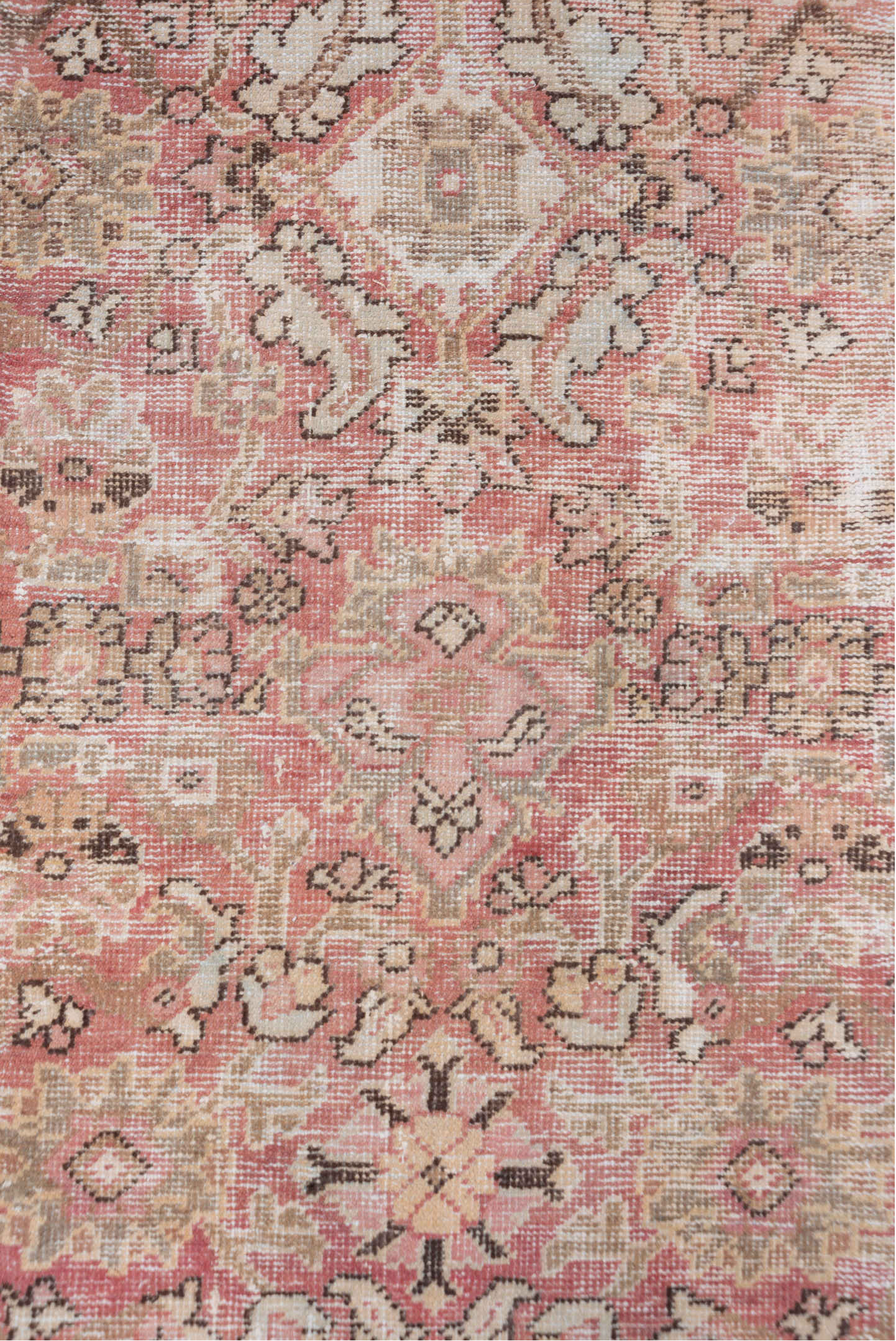 6' x 10' one-of-a-kind handmade vintage Mahal large size rug. Color palette: pink, gray, off-white, light gray, brown