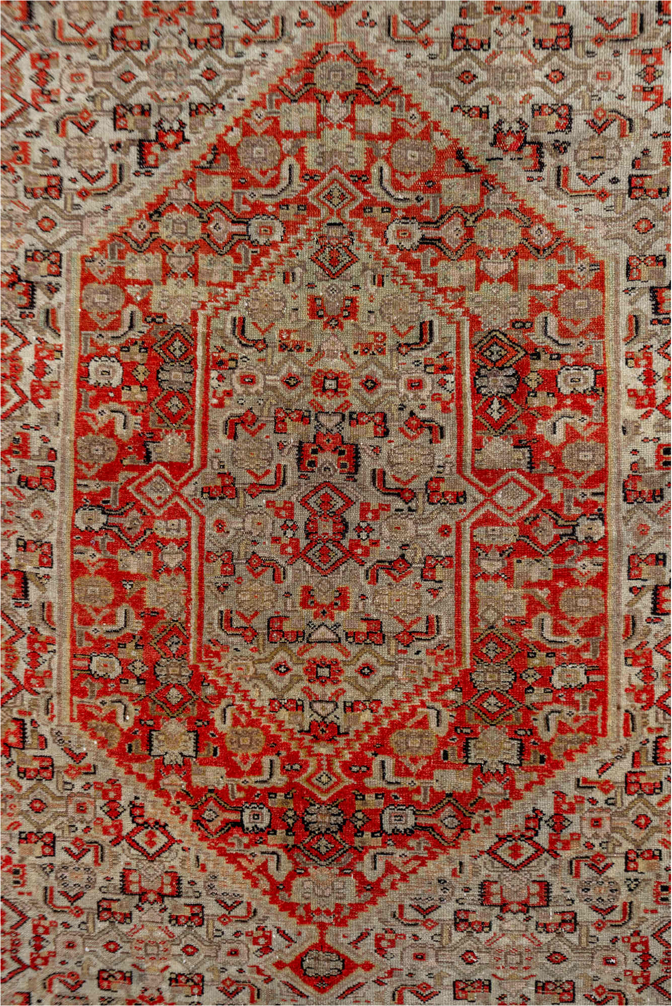 4' x 6' one-of-a-kind handmade vintage Senne small size rug. Color palette: black, brown, gray, pink, red