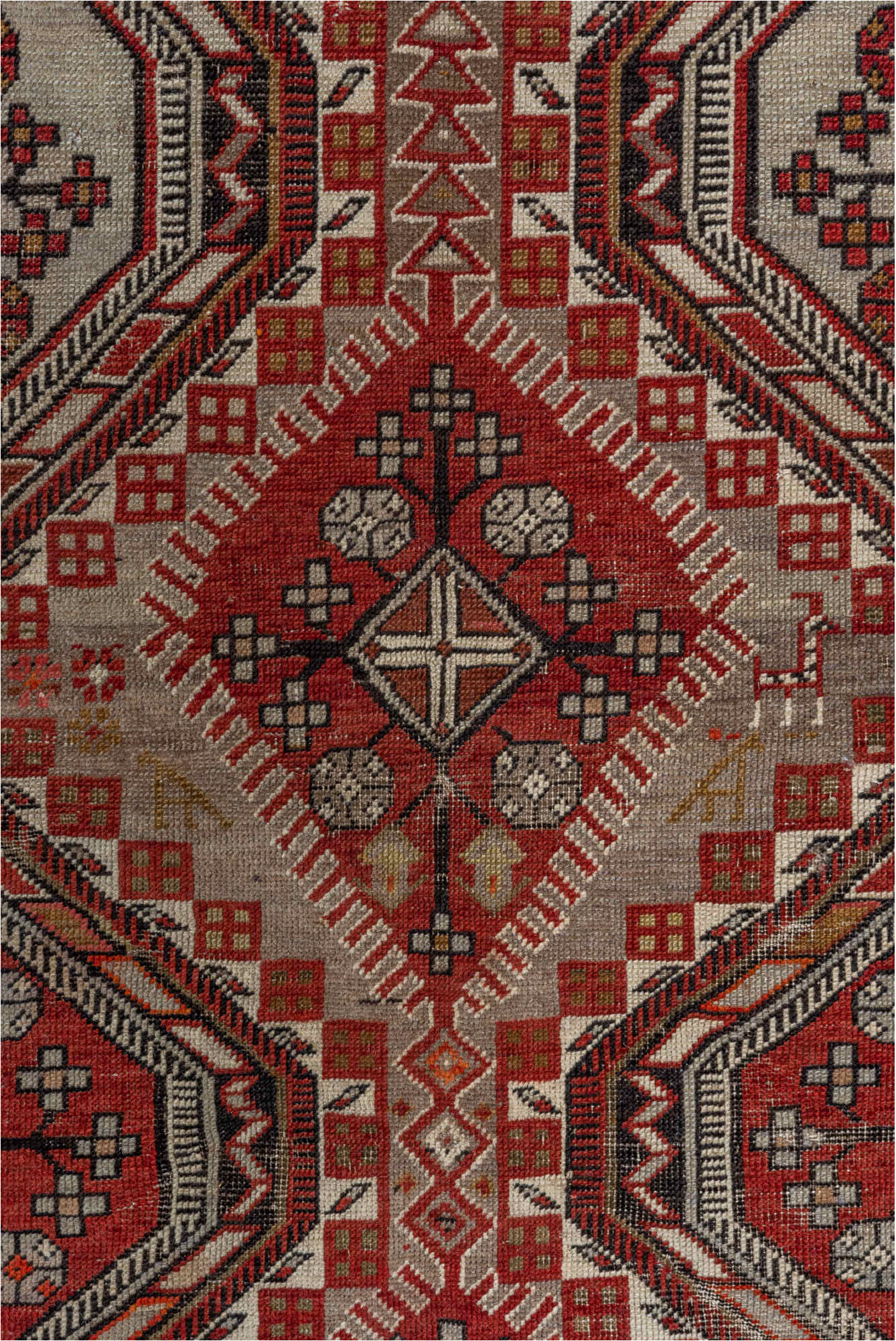 4' x 7' one-of-a-kind handmade vintage Shirvan rug. Color palette: brown, gray, pink