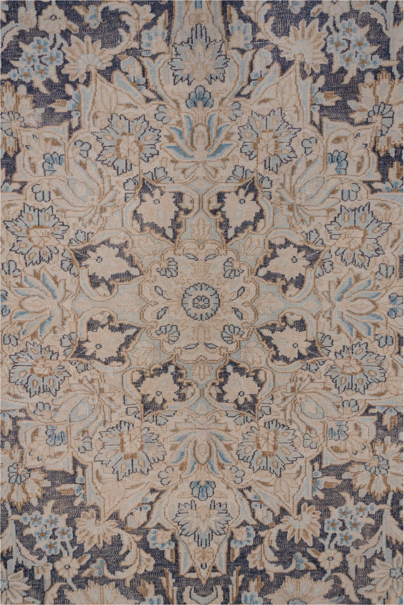 9' x 12' one-of-a-kind handmade vintage Kerman large size rug. Color palette: black, blue, brown, dark gray, gray