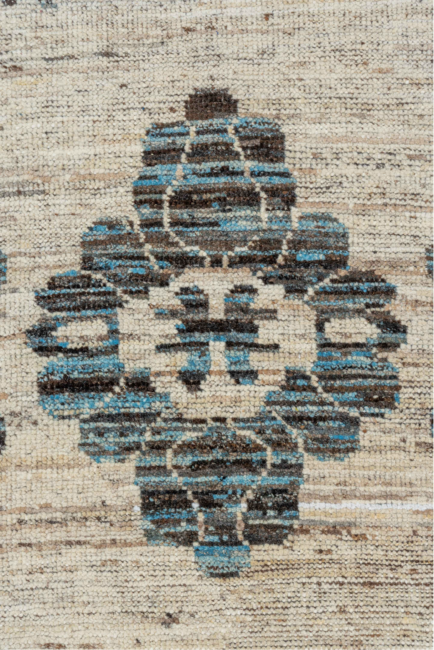 9' x 12' one-of-a-kind handmade vintage Tulu large size rug. Color palette: gray, light gray, off-white, blue, light blue